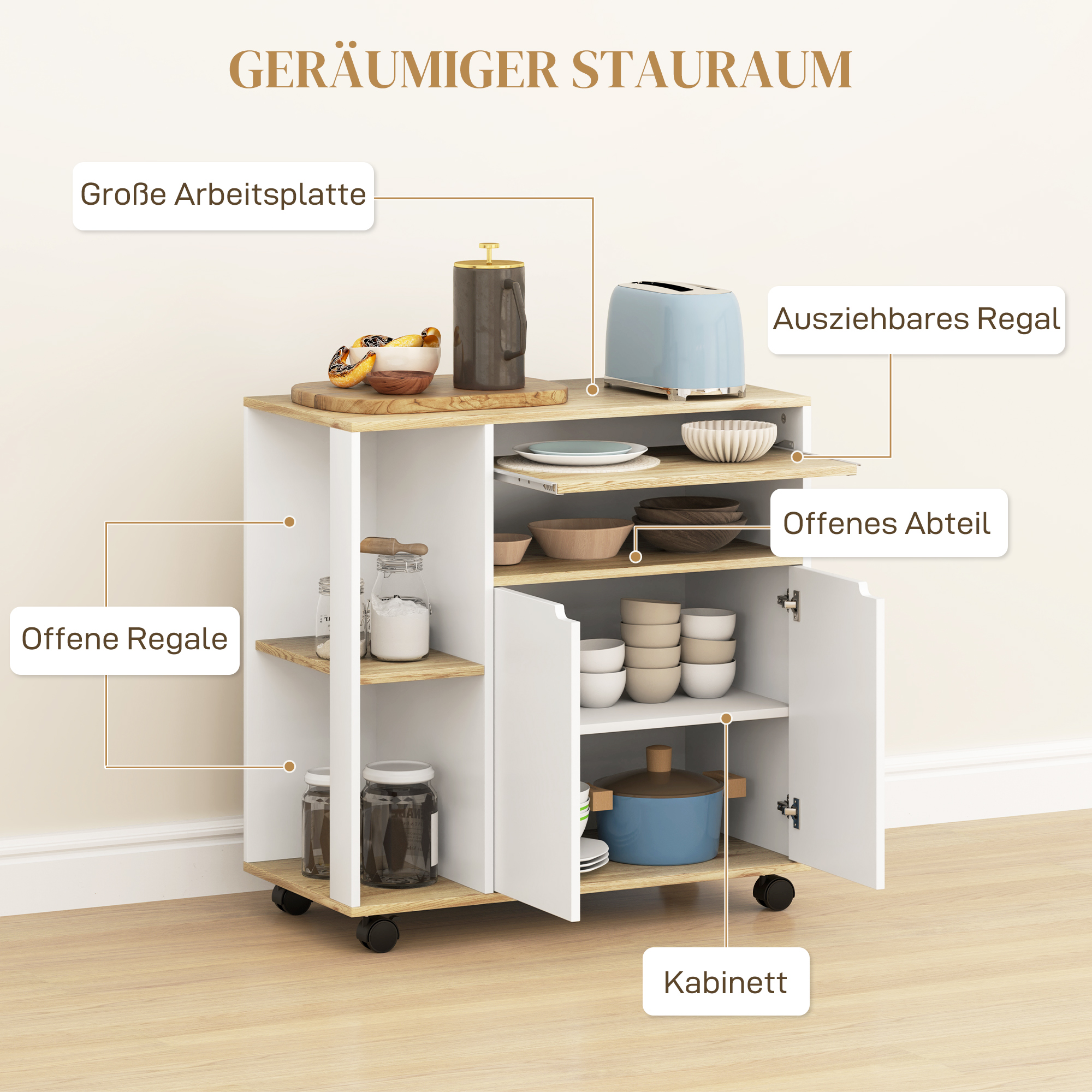 Rollender Küchenwagen mit Stauraum, Schrank, verstellbare Regale, für Küche, Wohnzimmer, Esszimmer, Weiß