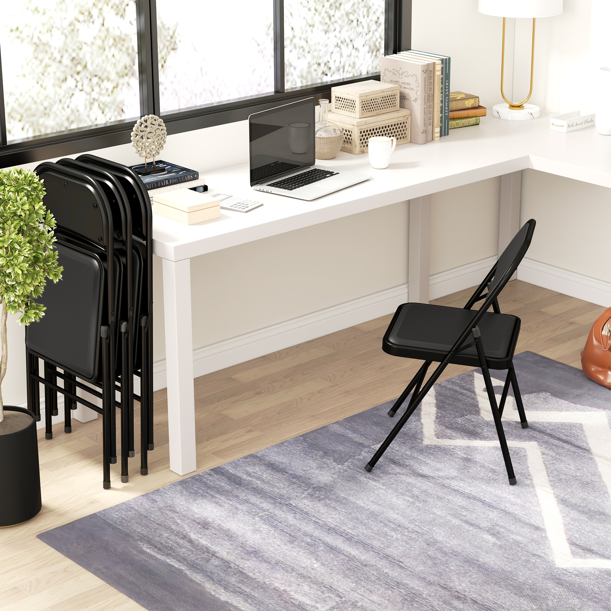 4er-Set Klappstühle, Tragbare Bürostühle, Metallbeine, Faltstuhl für Büro, Empfang, Wartezimmer, Kunstleder, Schwarz