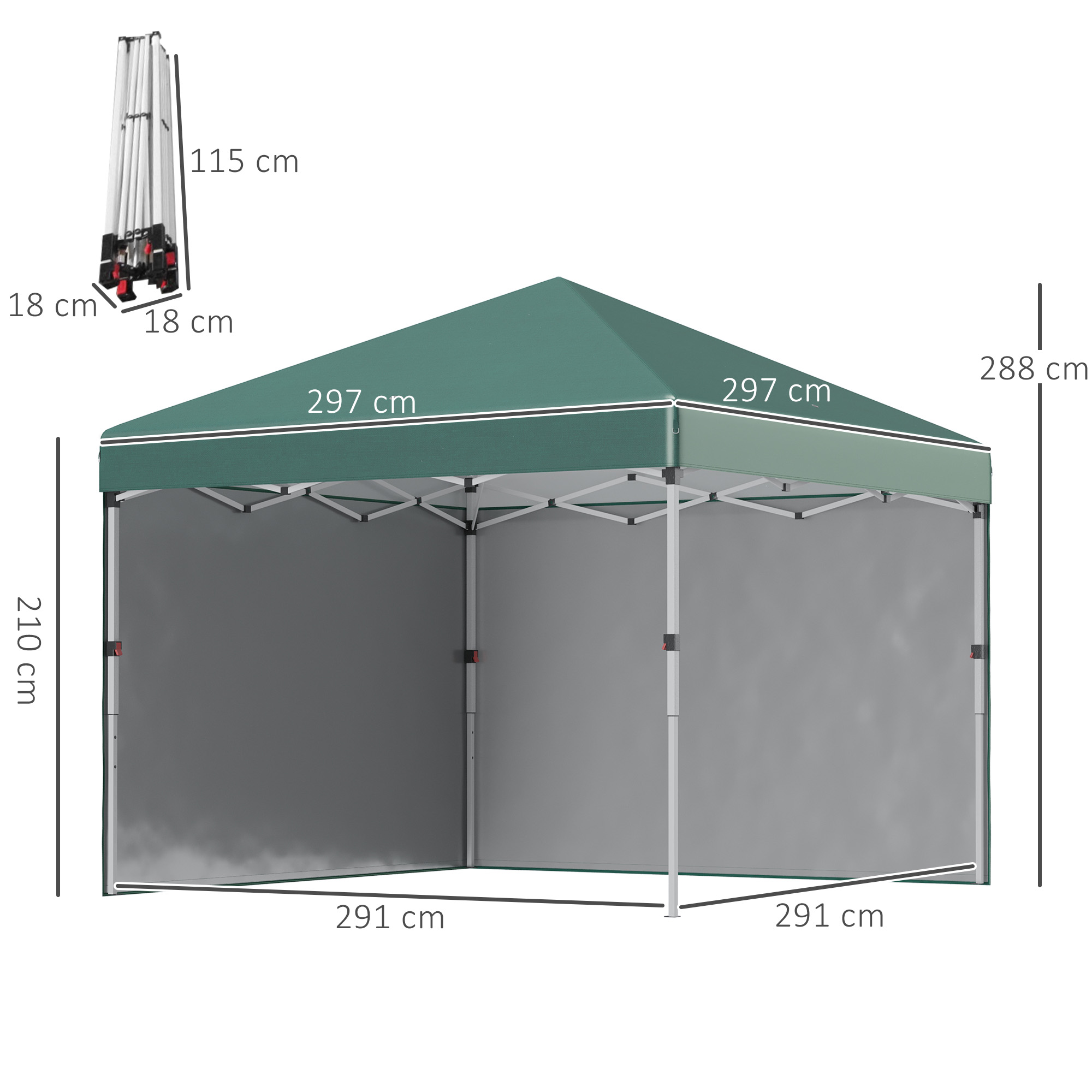 Faltpavillon, 2 Seitenwände, höhenverstellbar, mit Transporttasche, rostfreies Stahlgestell, 3 x 3 m, Grün