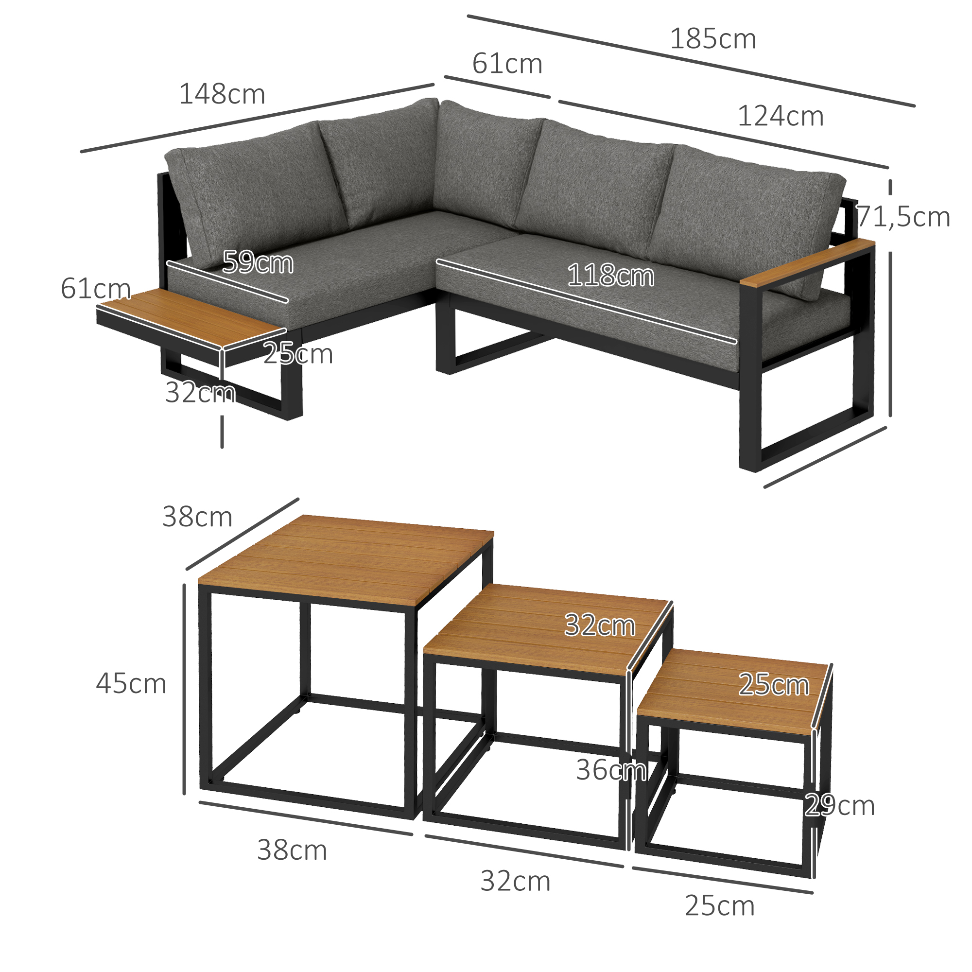 Outdoorsitzgruppe 5-teiliges Loungemöbelsicht Gartenmöbelset, 148 cm x 61 cm x 71,5 cm, Grau + Natur