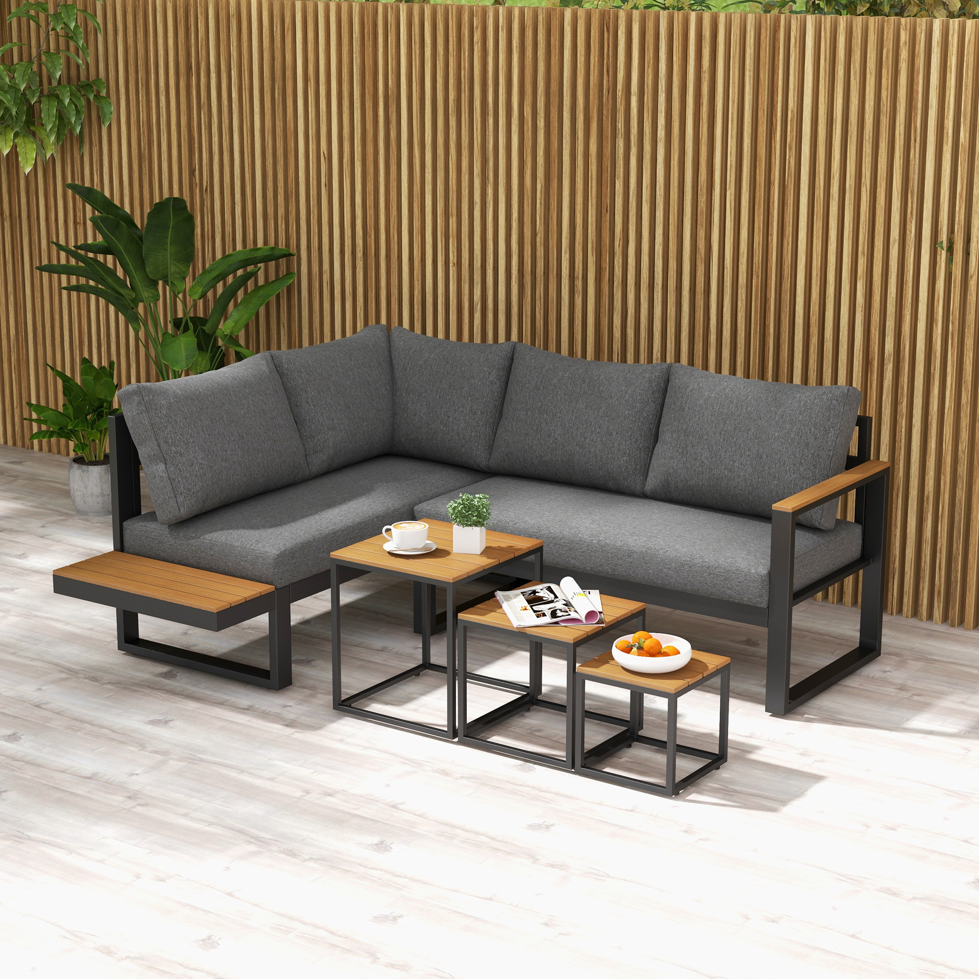 Outdoorsitzgruppe 5-teiliges Loungemöbelsicht Gartenmöbelset, 148 cm x 61 cm x 71,5 cm, Grau + Natur