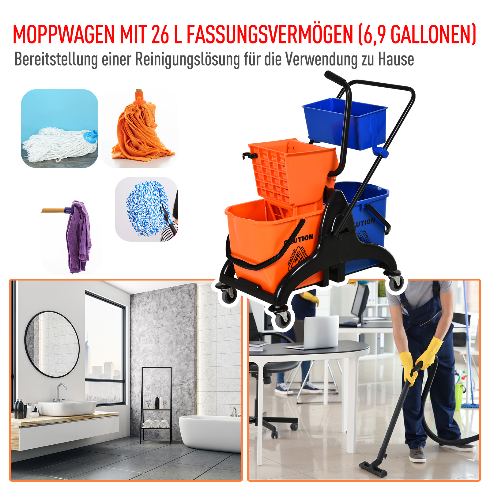 Reinigungseimer, Wischmoppeimer, rollbar, 26 Liter, Kunststoff, Metall, Orange