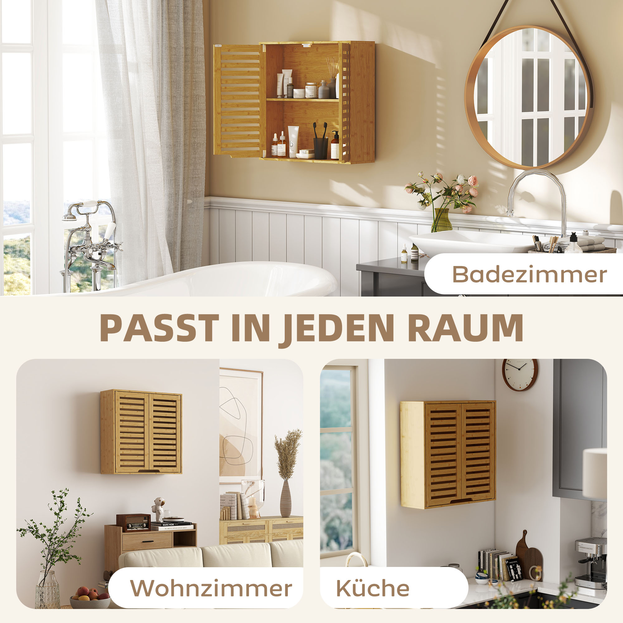Badezimmerschrank Hängeschrank aus Bambus mit atmungsaktiv Lamellentüren, verstellbar Ablage 60 x 20 x 60 cm Naturholz