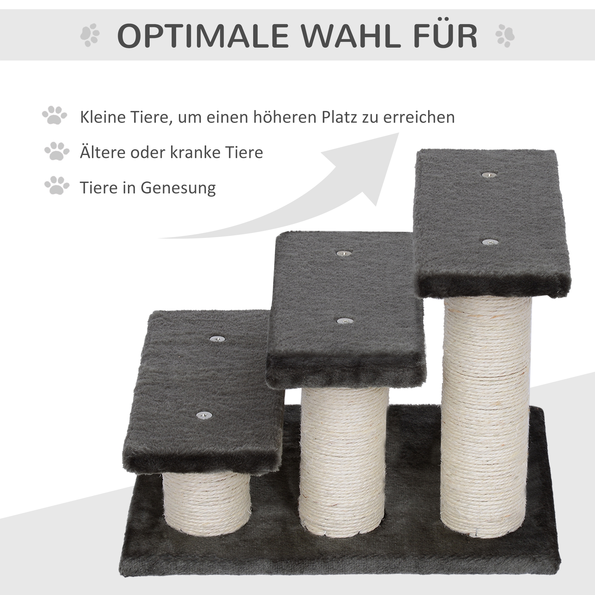 Hundetreppe 3 Stufen 34 cm Hoch Haustiertreppe für Hunde Katze Katzentreppe mit Kratzstamm Hunderampe Einstiegshilfe für Bett, Sofa, Couch Dunkelgrau