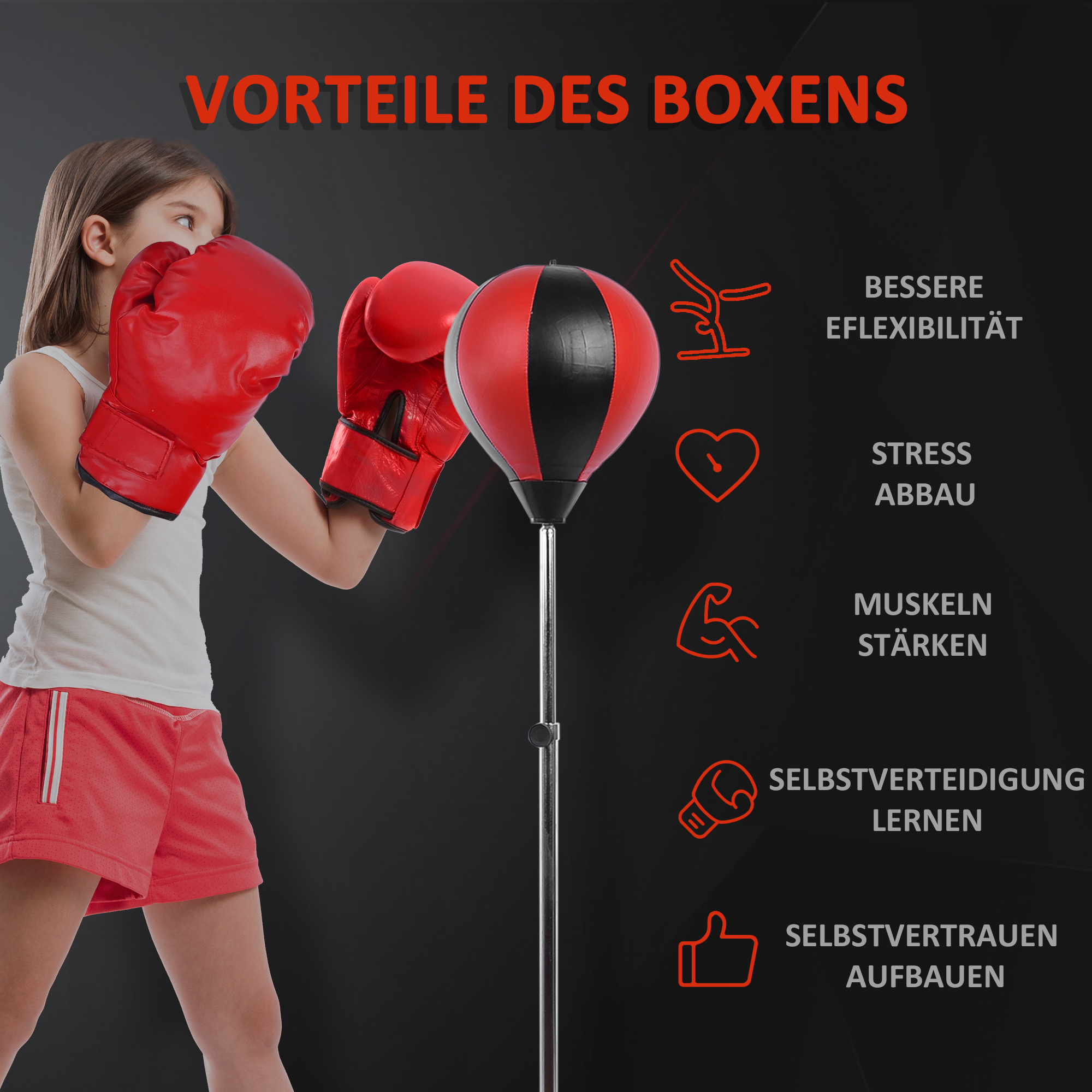 Punchingball Set Standbox Training Set 125/131/138/145cm höhenverstellbar mit 1 paar Handschuhe 1 Pump Geeignet für Profis und Anfänger Rot