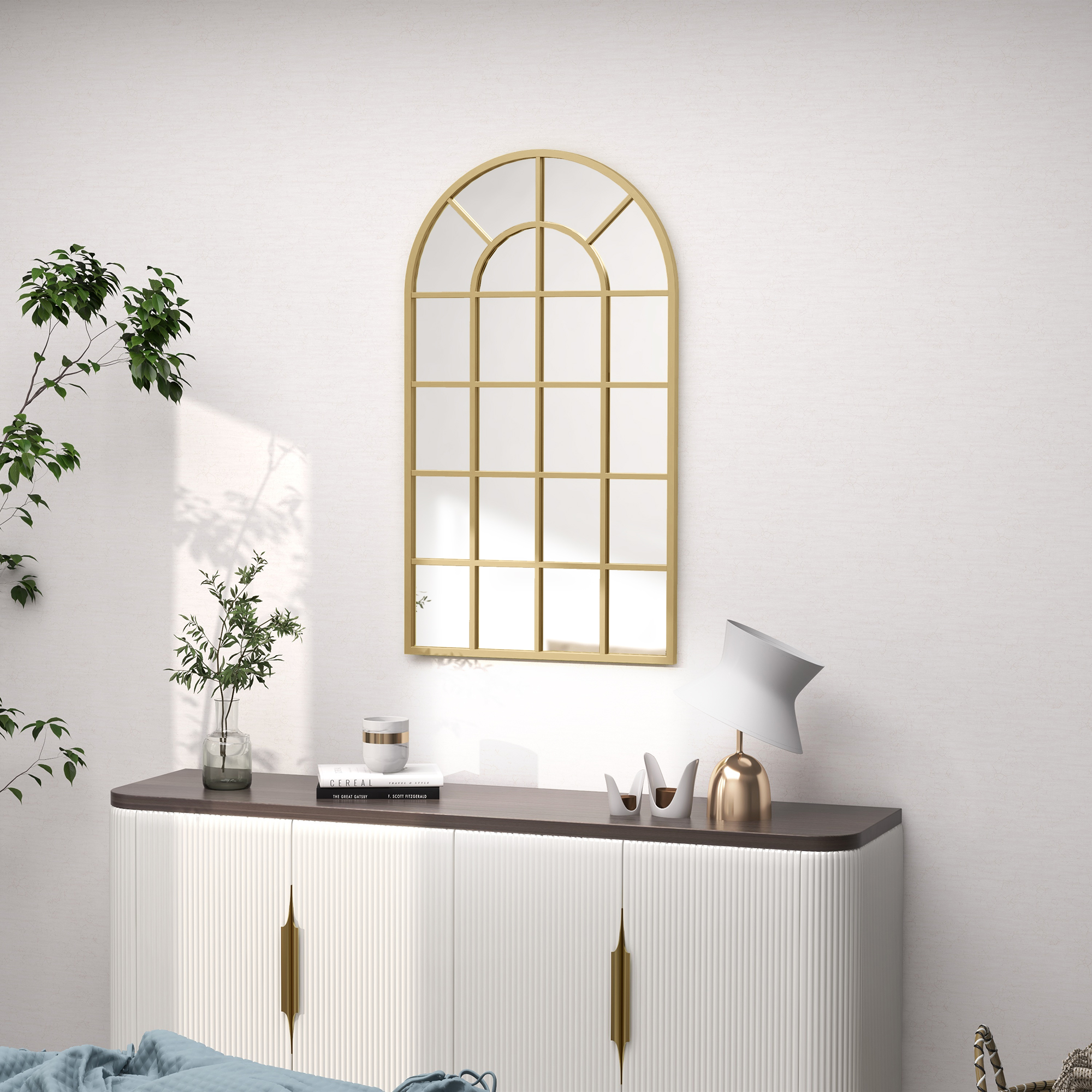 Wandspiegel, Fenster-Design, Flurspiegel, Metallrahmen, 110 x 65 cm, Gold