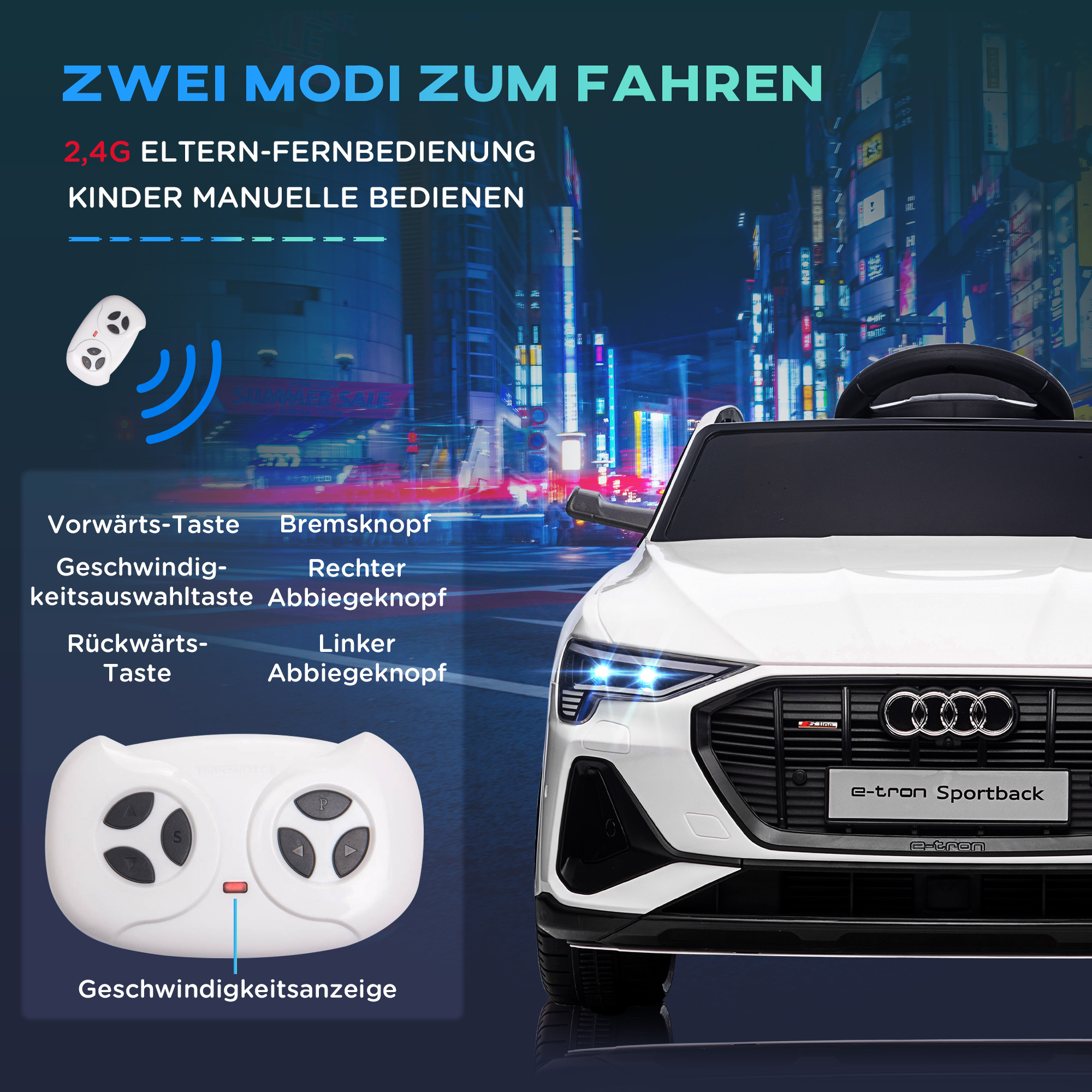 Elektro Kinderauto 12V Elektrofahrzeug Audi E-tron Elektroauto mit Fernbedienung, Sicherheitsgurt, Musik (MP3/USB/TF), Kinderfahrzeug für Kinder 3-5 Jahre, 3-5 km/h, Weiß