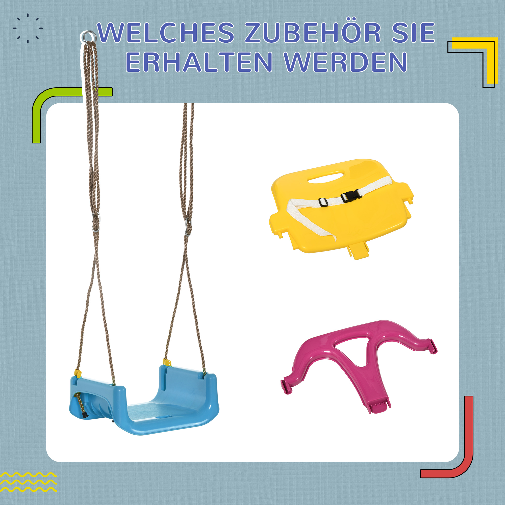 3-in-1 Kinderschaukel, höhenverstellbar, abnehmbare Rücklehne, für In- und Outdoor, blau+gelb, 42 x 33 x 180 cm