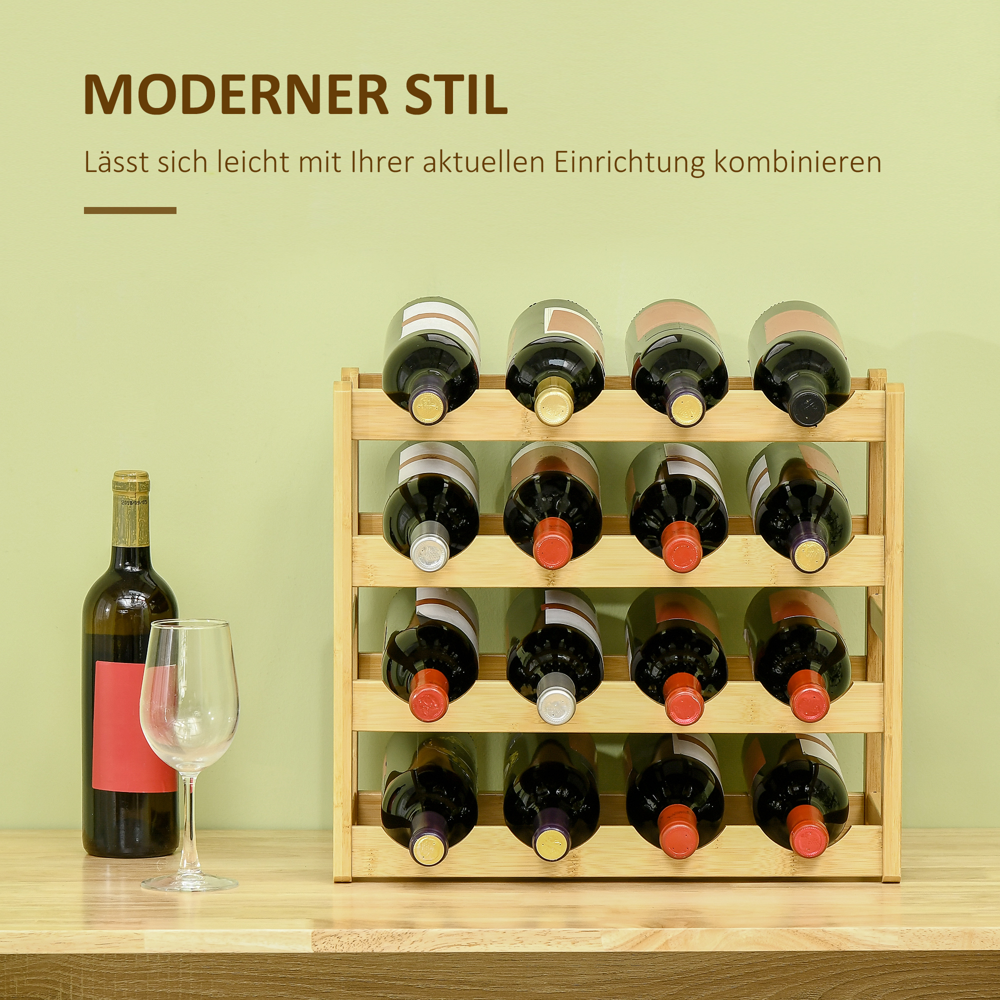 Weinregal aus Bambus für 16  Weinflaschen, 4 Regale, 43 cm x 23,5 cm x 38 cm Natur