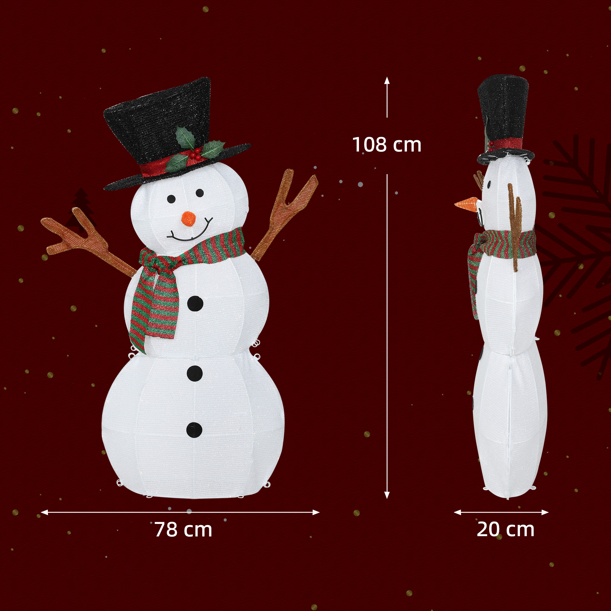 Fröhliche Schneemann-Dekoration für Weihnachten, Außendekoration mit LED-Lichtern, Stahl, Polyester, Weiß+Schwarz