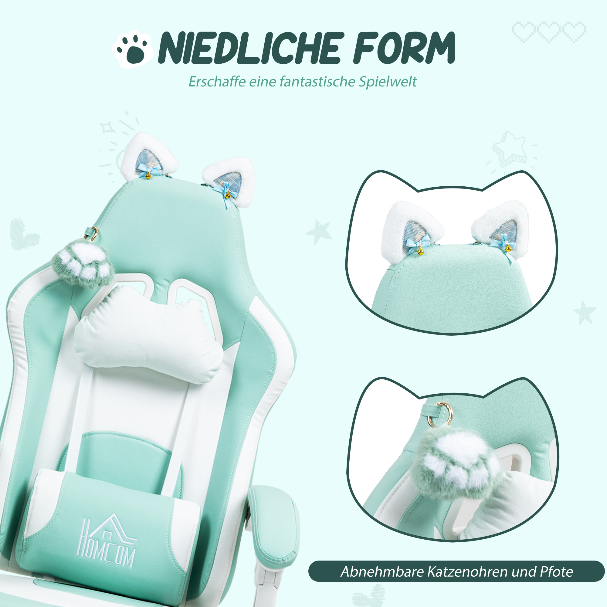 Gaming-Sessel mit Katzenohren, neigbare Lehne, ausziehbare Fußstütze, bis 120 kg belastbar, Seeblau