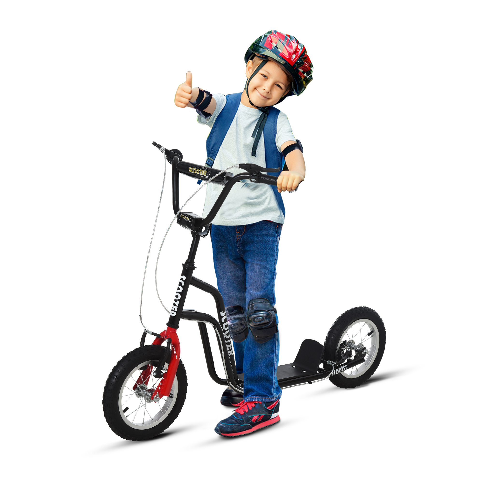 Kinderroller Lenker Verstellbar Scooter Tretroller Cityroller Kinder Roller Kickboard mit Luftreifen 12 Zoll ab 5 Jahre Schwarz 120 x 58 x 75-80 cm