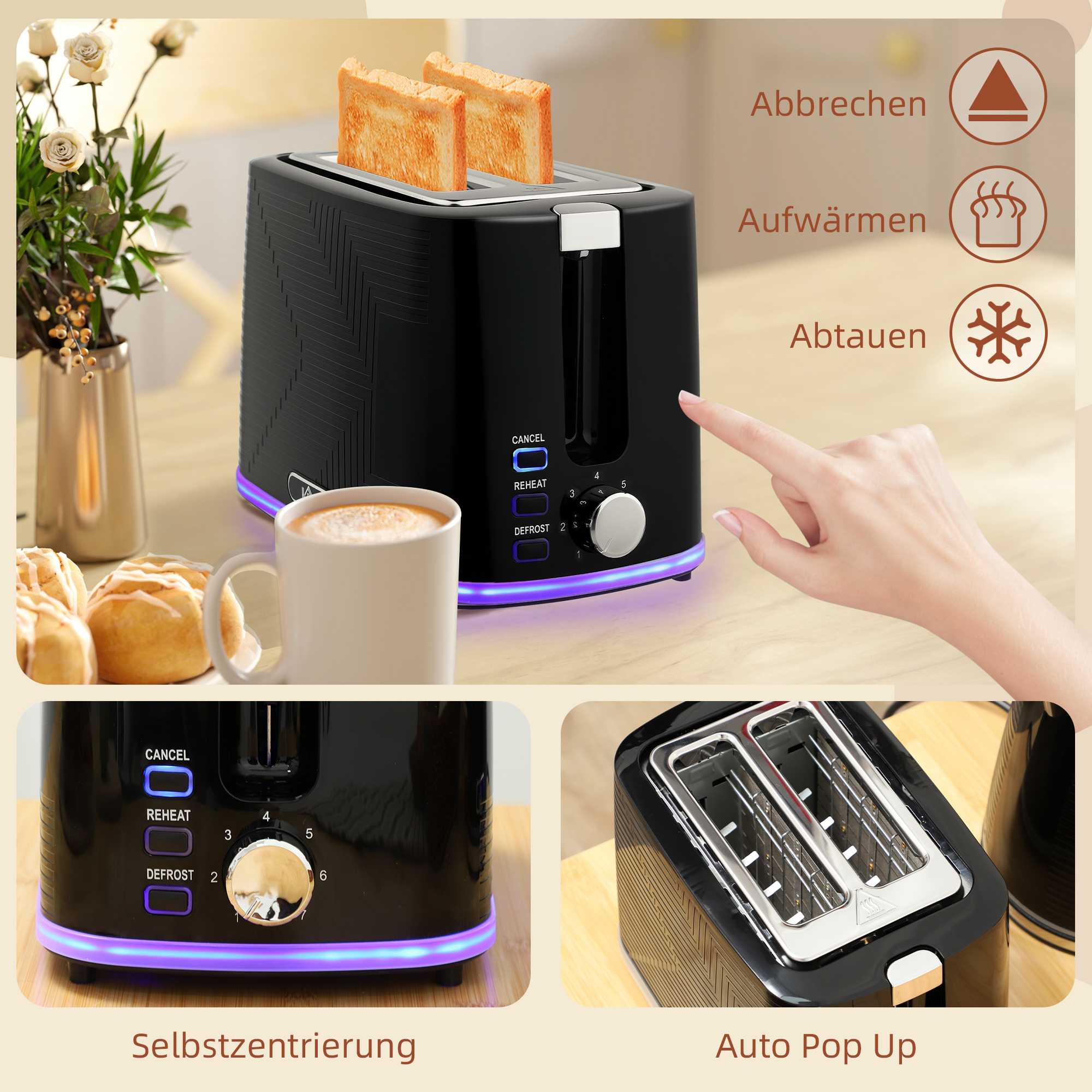 Wasserkocher- und Toaster-Set, 2200W, Otter-Thermostat, 2-Schlitz-Toaster, 7 Bräunungsstufen, Krümelfach, Schwarz