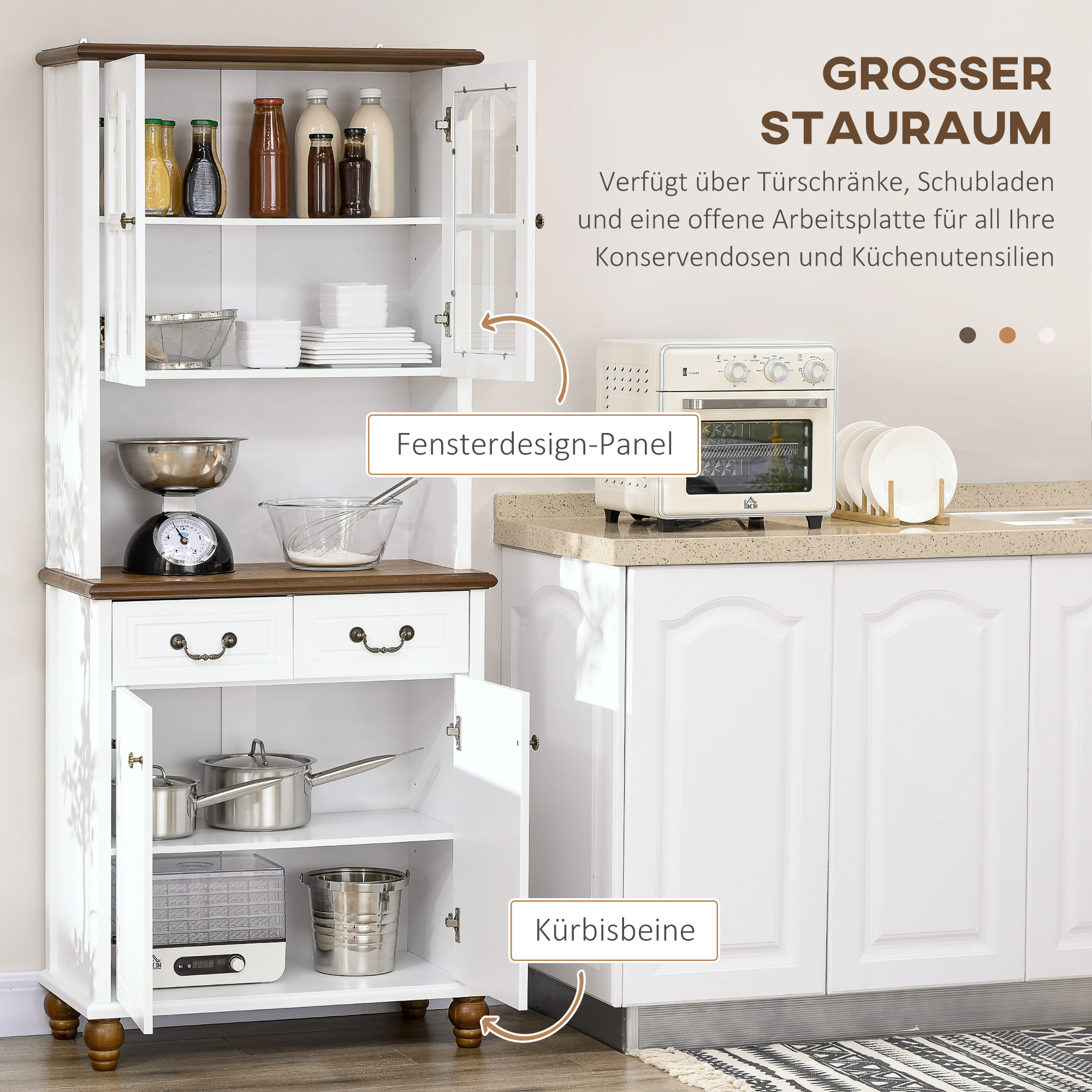 Küchenschrank, Buffet, 2 Schubladen, 2 Schrankfächer, klassisches Design, Weiß+Dunkelbraun, 76 x 38 x 182 cm