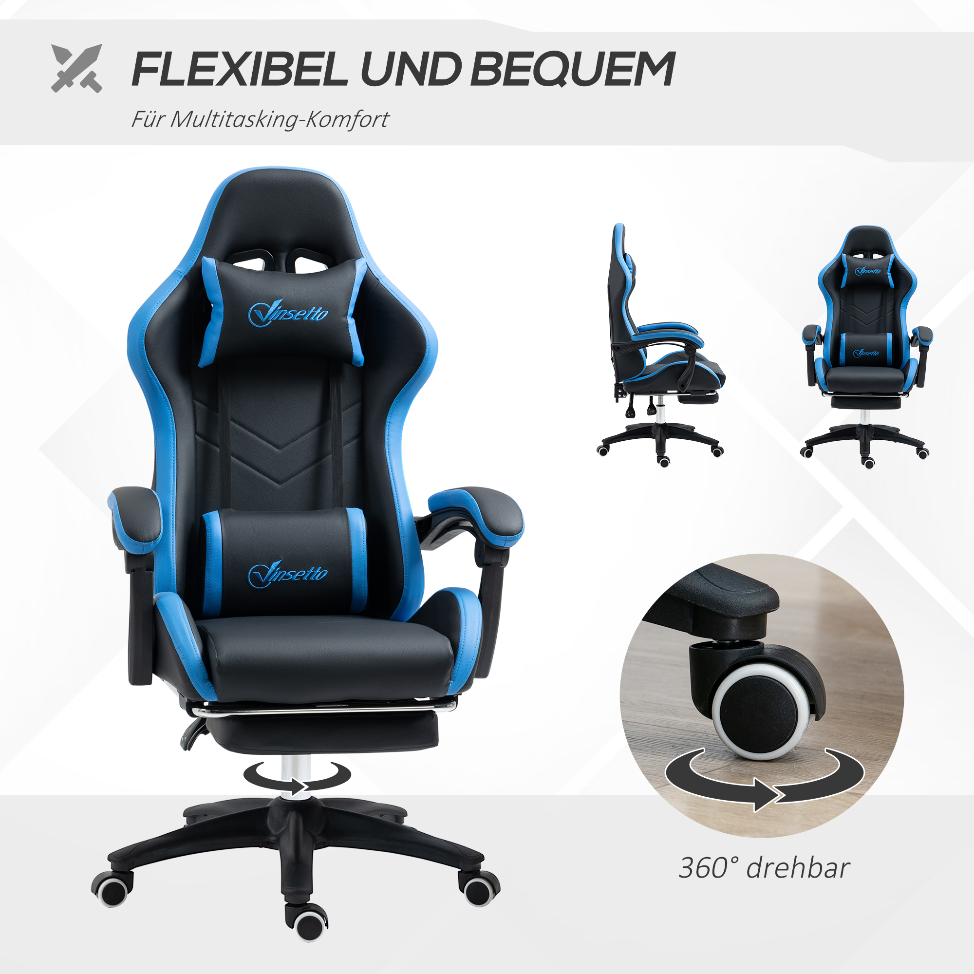 Bürostuhl, Gamingstuhl, 1 Kopfstütze, 1 Lendenstütze, Blau + Schwarz