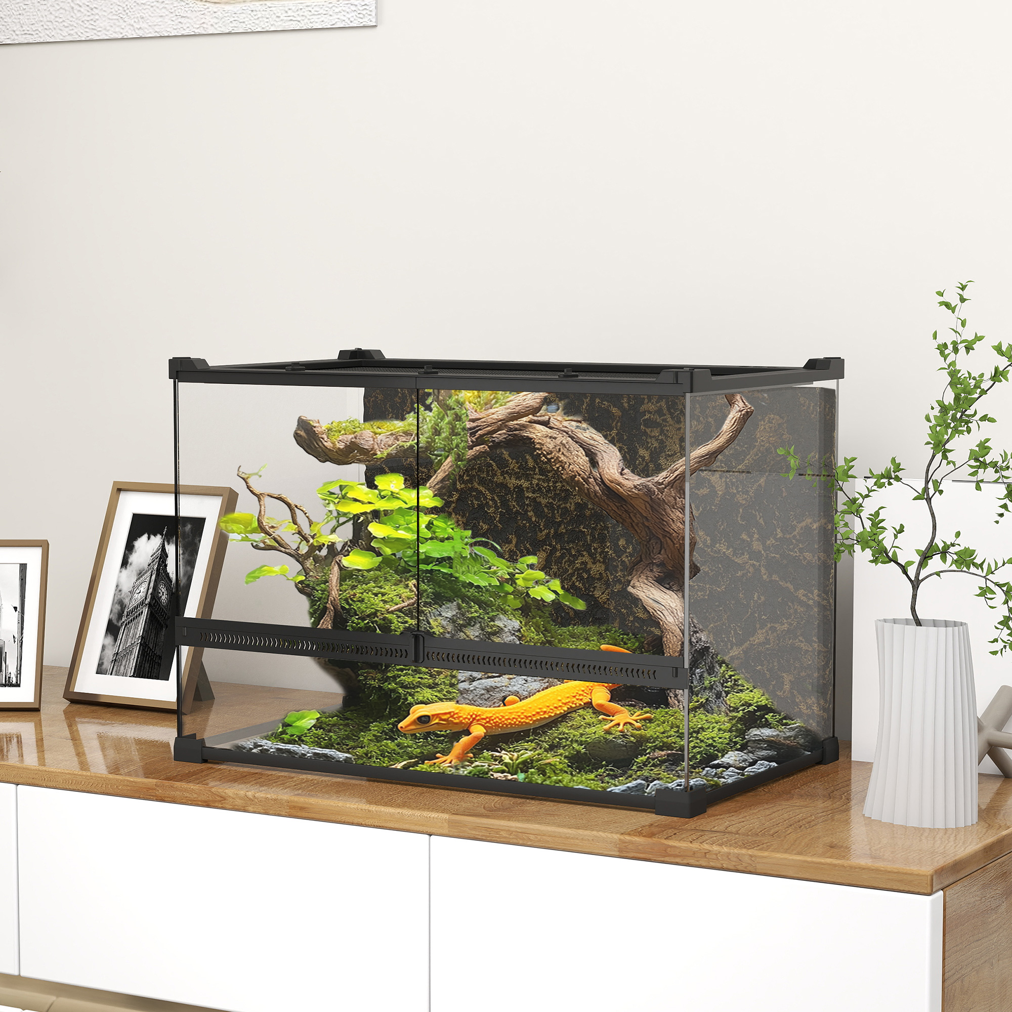 Terrarium für Reptilien Glasterrarium 48L mit Frontbelüftung Steinrückwand Drehverschluss 50 x 30 x 35 cm Schwarz