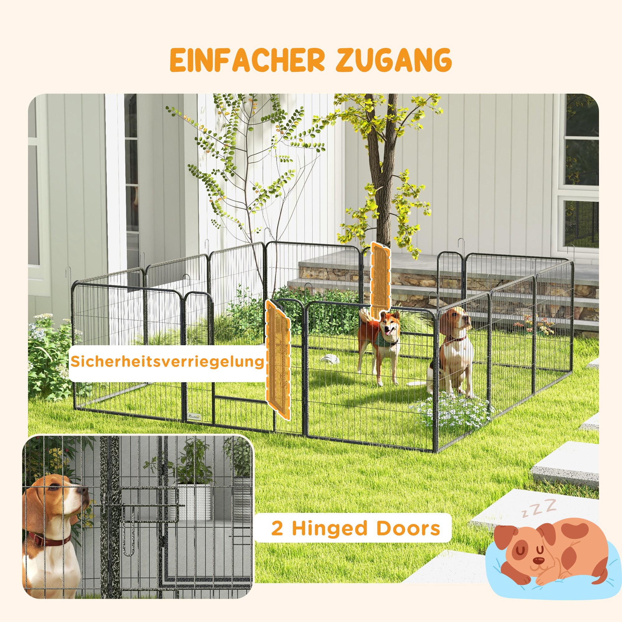 Welpenauslauf, Haustiergehege, 12 Paneele je 80x80 cm, 2 Türen, Stahlrahmen, Grau