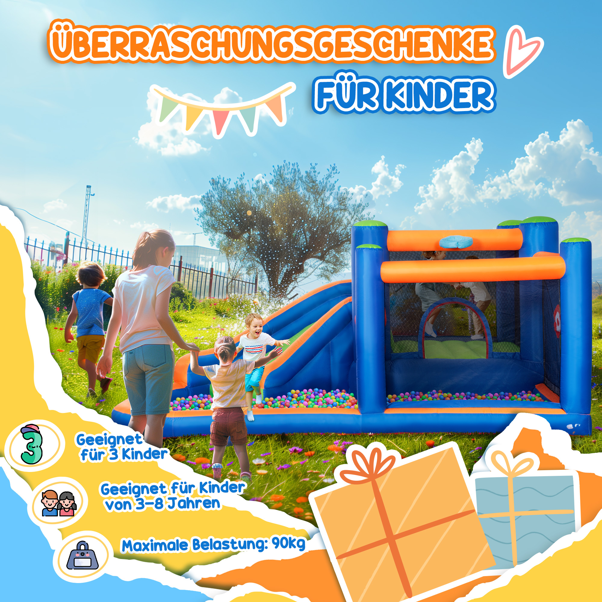 Hüpfburg, mit Rusche, Hüpfbereich, Pool, aufblasbar, inkl. Elektropumpe, für bis 3 Kinder, 380 x 340 x 170 cm