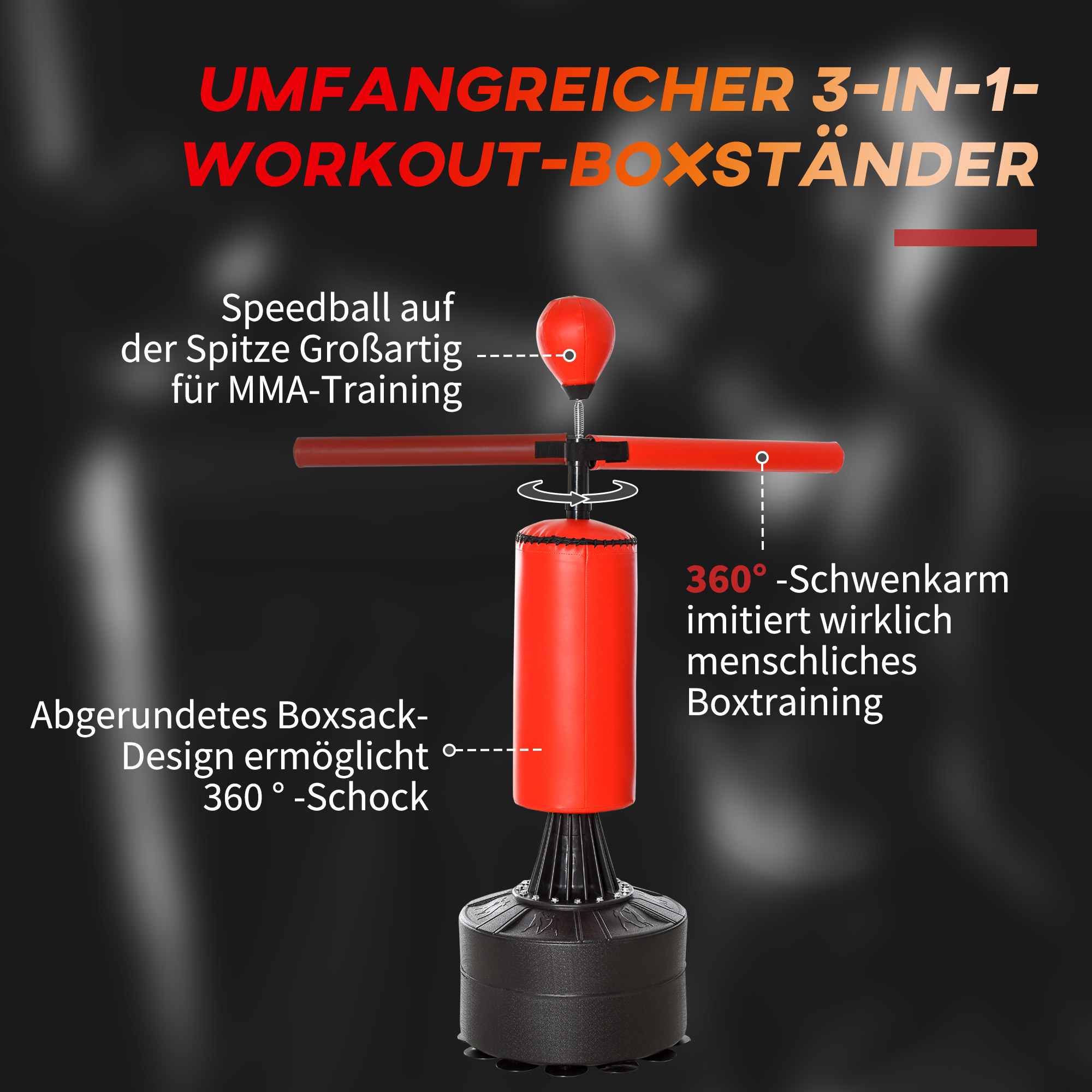 Standboxsack Boxtrainingsgerät mit Reflexball, 360°-Drehstange, Saugfuß, Sand/Wasser befüllbar, Stehend Boxassistent mit Handschuhe, Luftpumpe Training Boxsack 88 x 48 x 155-205 cm