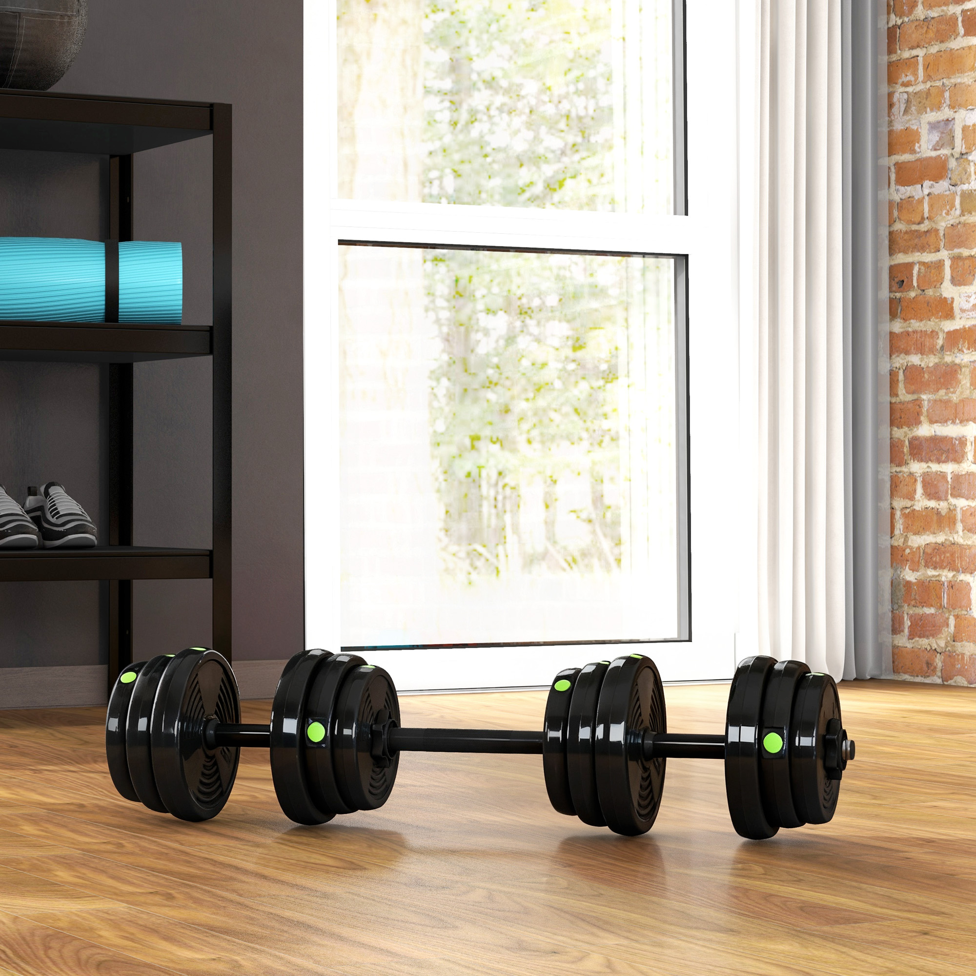 2-in-1 Hantel-Set, Lang- & Kurzhantel, 25 kg, rutschfest, bodenschonend, Schwarz/Grün