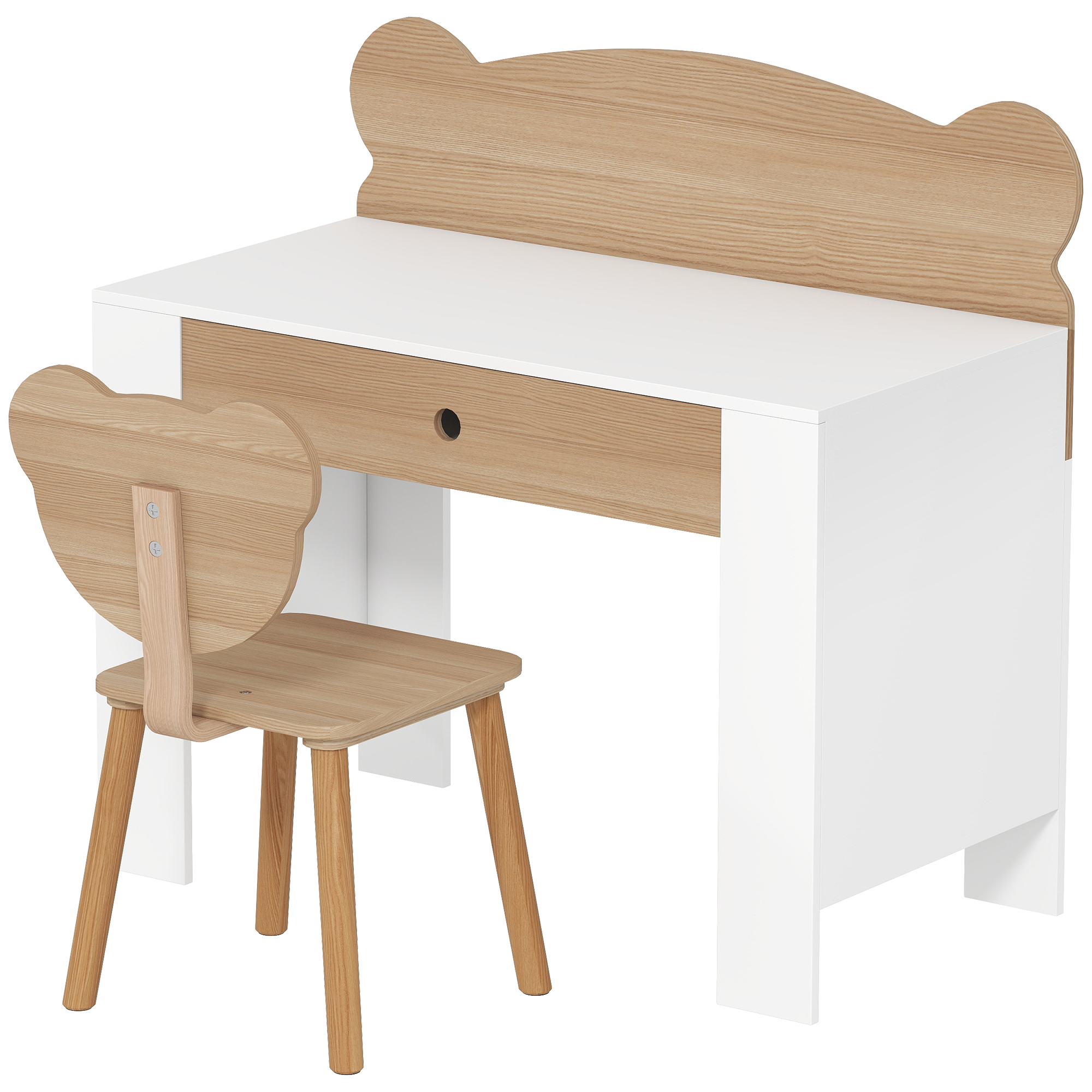Schreibtisch-Set für Kinder, Arbeitstisch und Stuhl mit Bärenform, Schublade, zum Schreiben und Basteln, 3-8 Jahre, Naturholz Schreibtisch-Set für Kinder, Arbeitstisch und Stuhl mit Bärenform, Schublade, zum Schreiben und Basteln, 3-8 Jahre, Naturholz