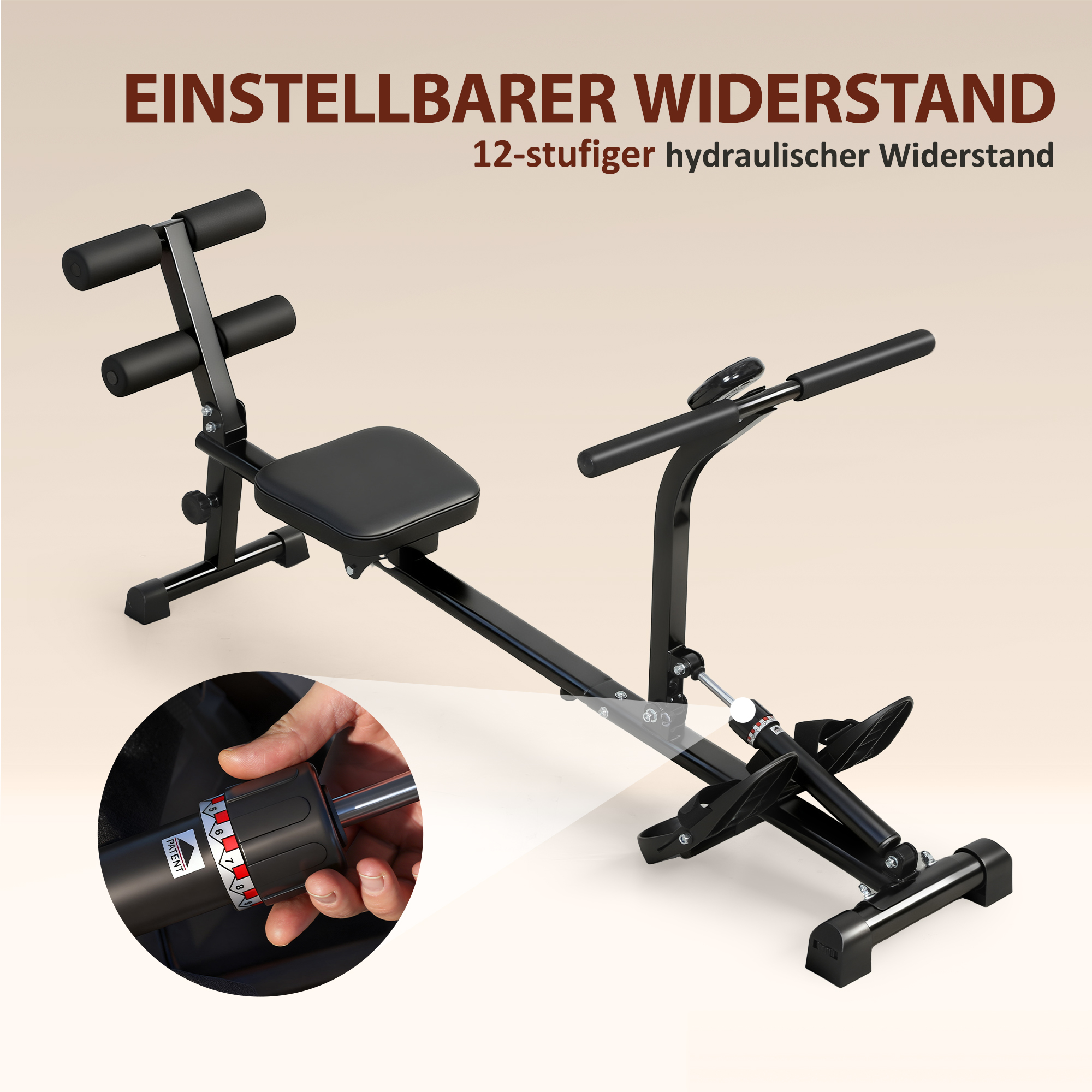 Rudermaschine, Rudergerät für Situps, 12-stufig verstellbar, 2-in-1 Kardiogerät, LCD-Anzeige, Stahl, Kunststoff, Schwarz
