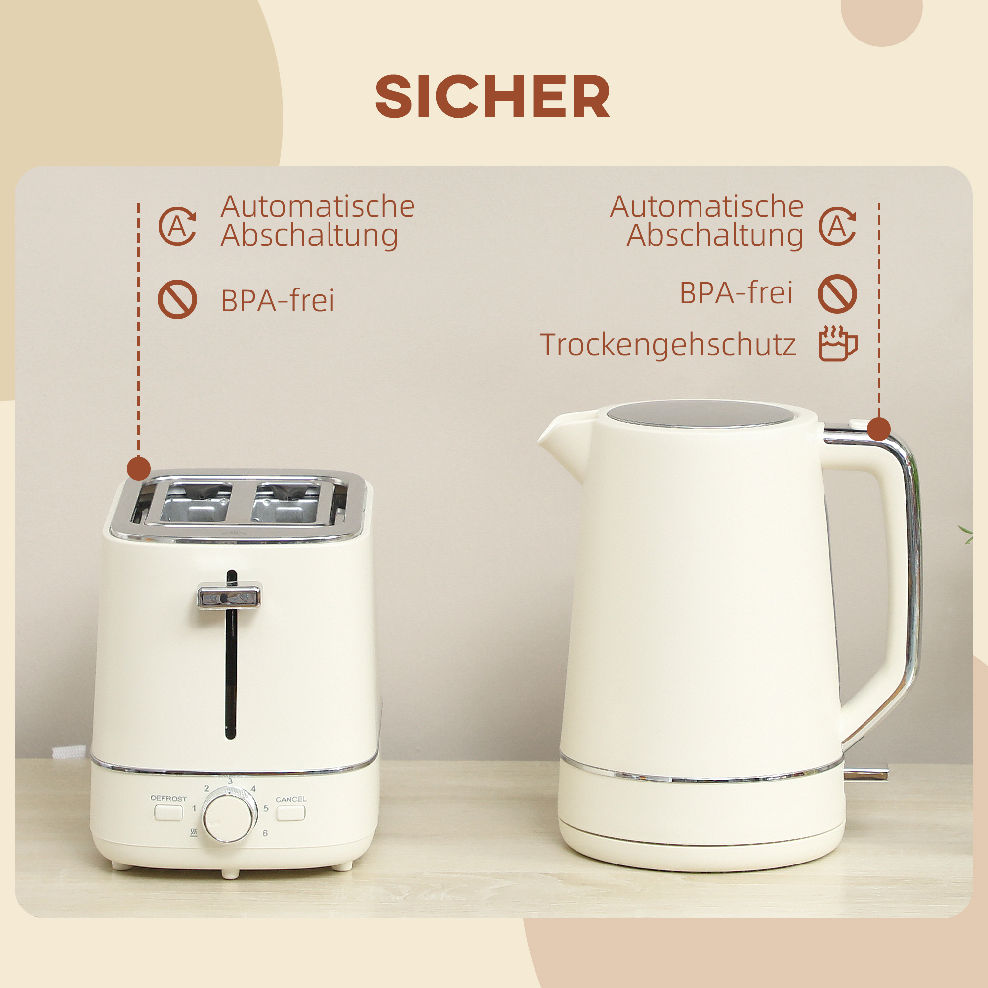 Set aus 1,7 L Wasserkocher und Toaster mit 6 Bräunungsstufen, Beige
