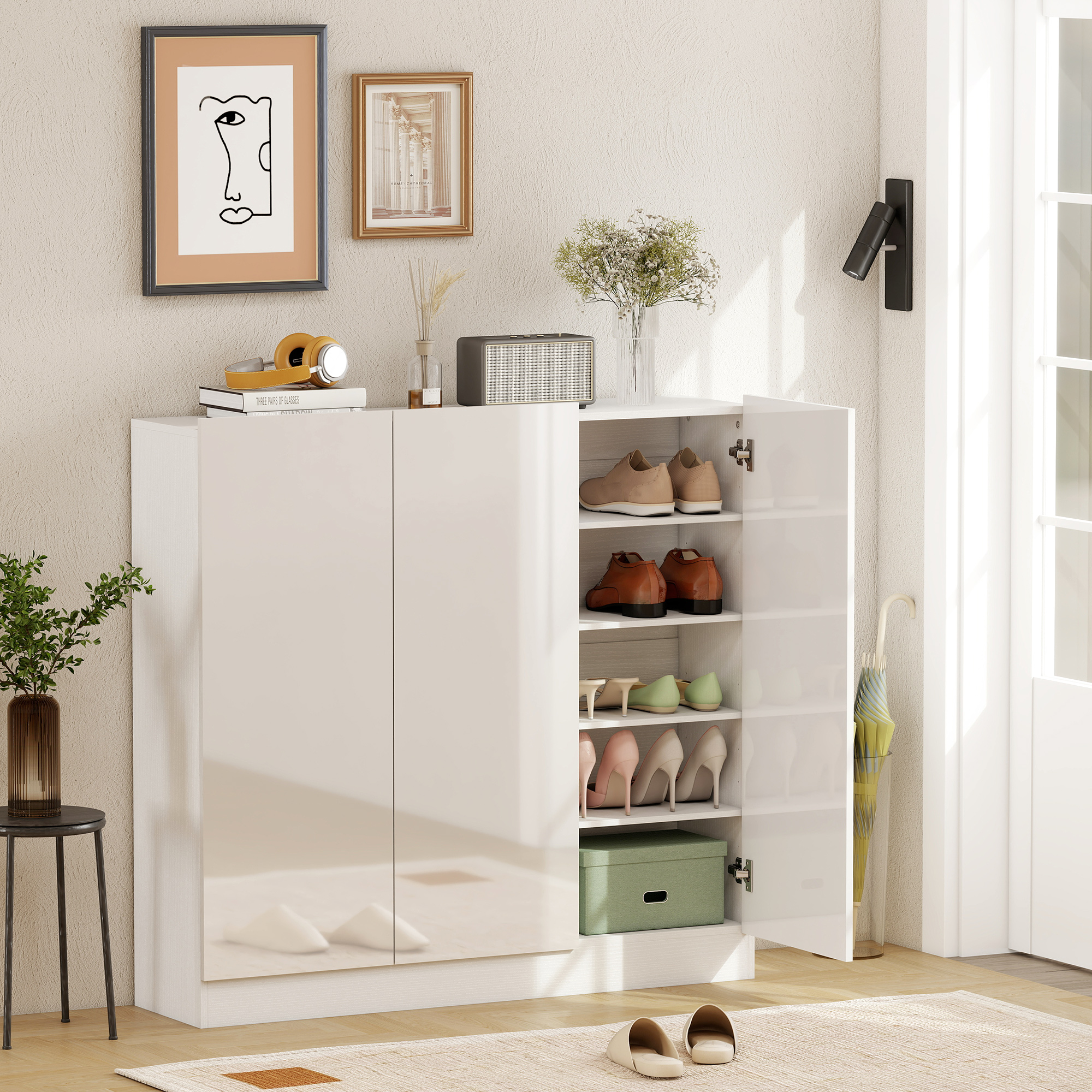 Schuhschrank mit 10 Regalen für 25-30 Schuh-Paare, Lüftungslöcher, Soft-Close-Türen, Holz, Weiß