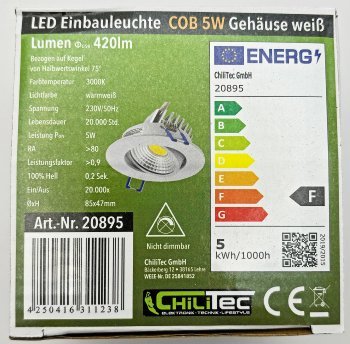 LED-Einbauleuchte "COB-5", 5W, 420lm, ALU, 3000K, 95°, Ø85xT47mm, Rahmen weiß