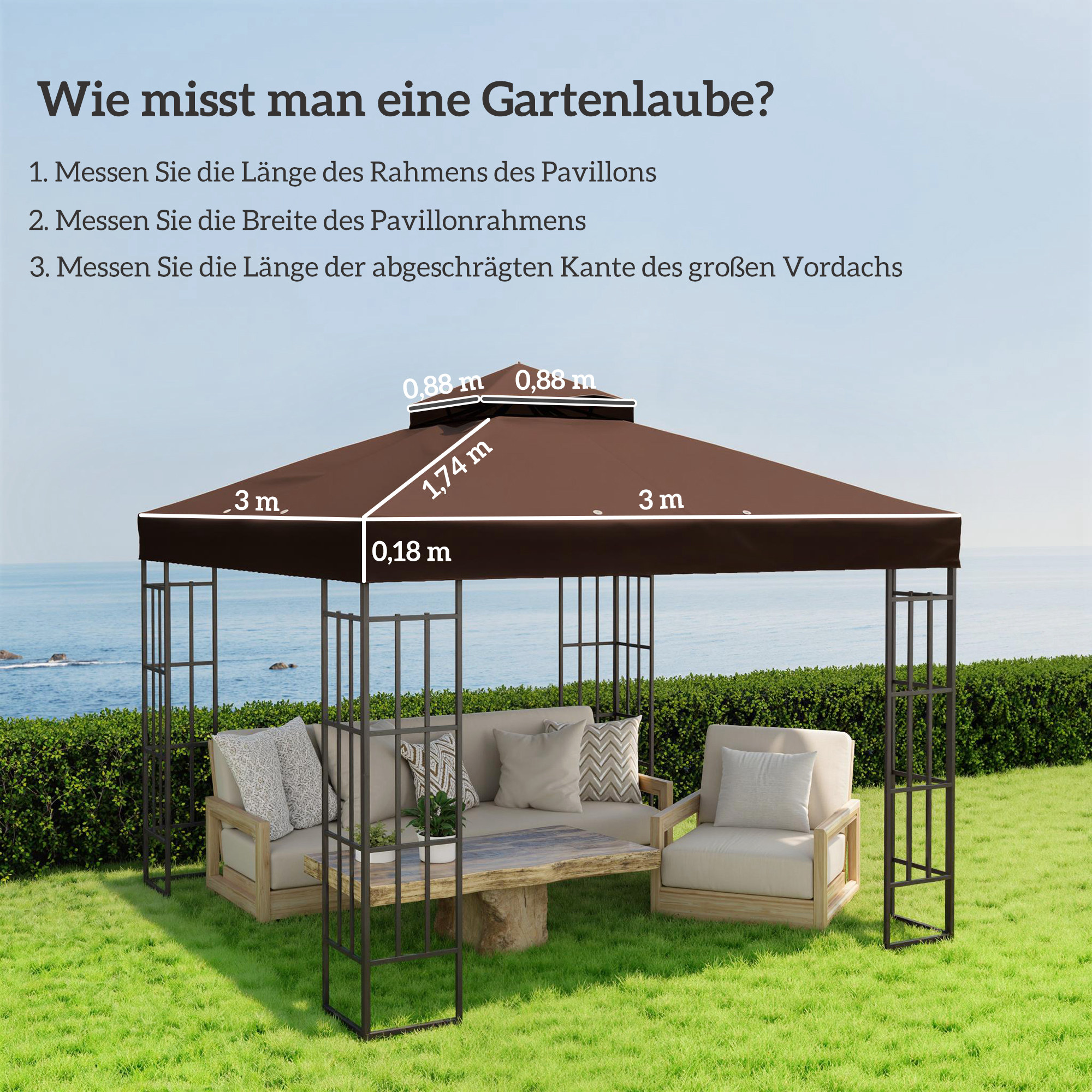 3 x 3 m Ersatzdach für Pavillon, Pavillon-Ersatzplane mit Wasserablauf-Löchern, UPF30+, Sonnenschutz, Kaffee