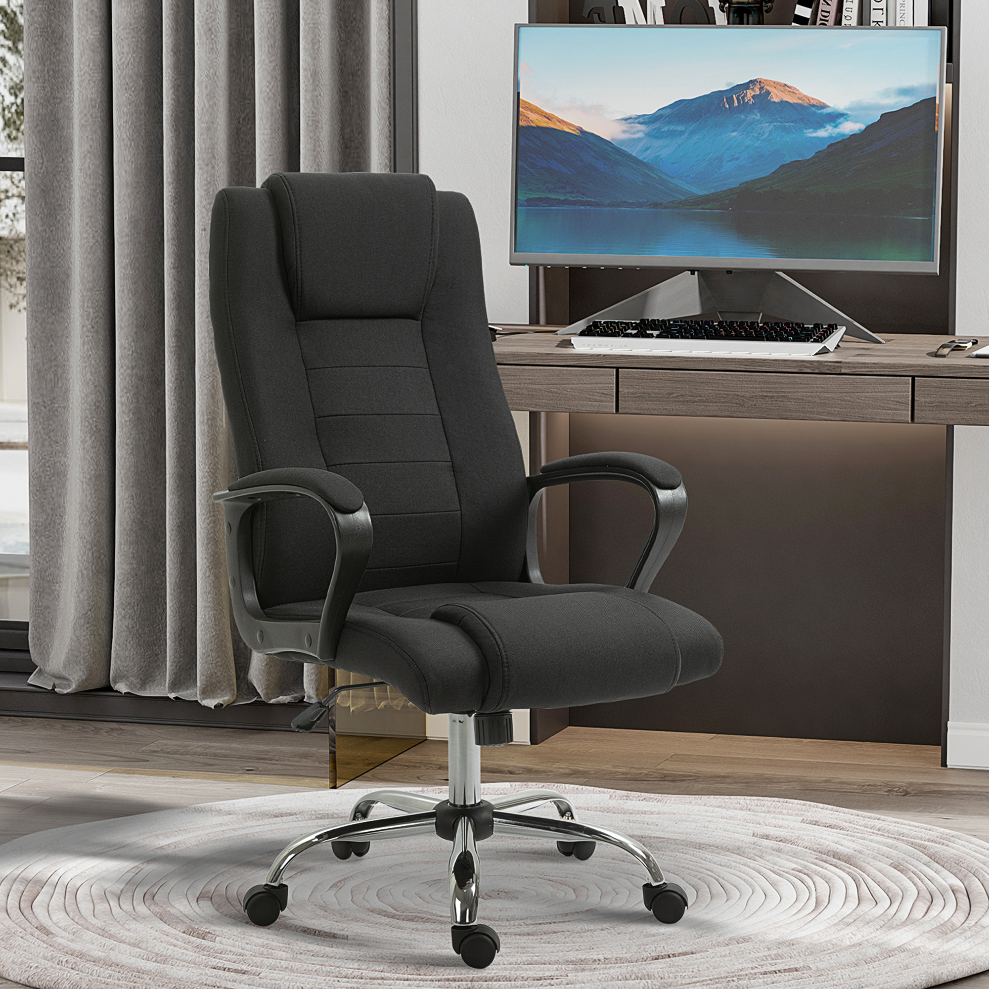 Bürostuhl Computerstuhl mit Wippenfunktion Kopfstütze ergonomischer Schreibtischstuhl drehbar höhenverstellbar Leinen-Touch Schwarz 62 x 76 x 110-119 cm