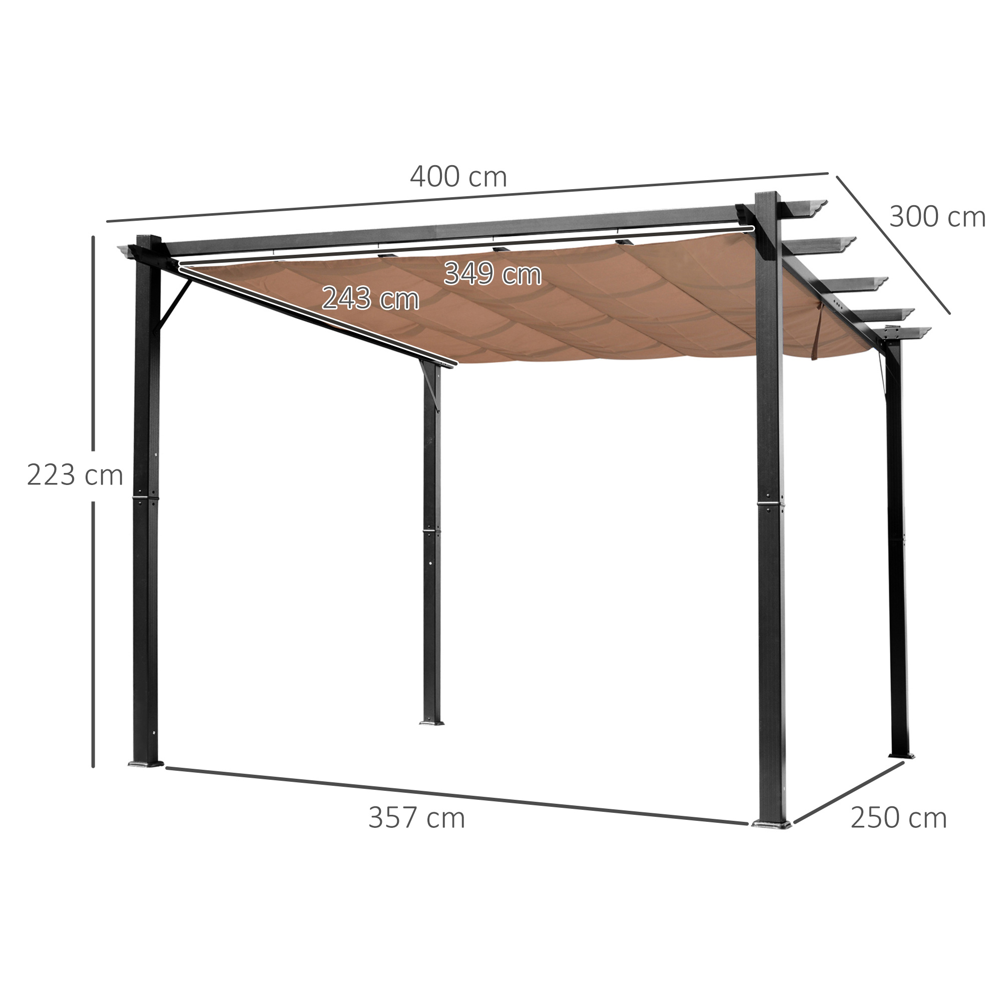 Pergola Pavillon mit einstellbarem Stoffdach 3 x 4 m Terrassen-Vordach Aluminium Sonnenschutz Überdachung Terrasse Garten Grau+Braun