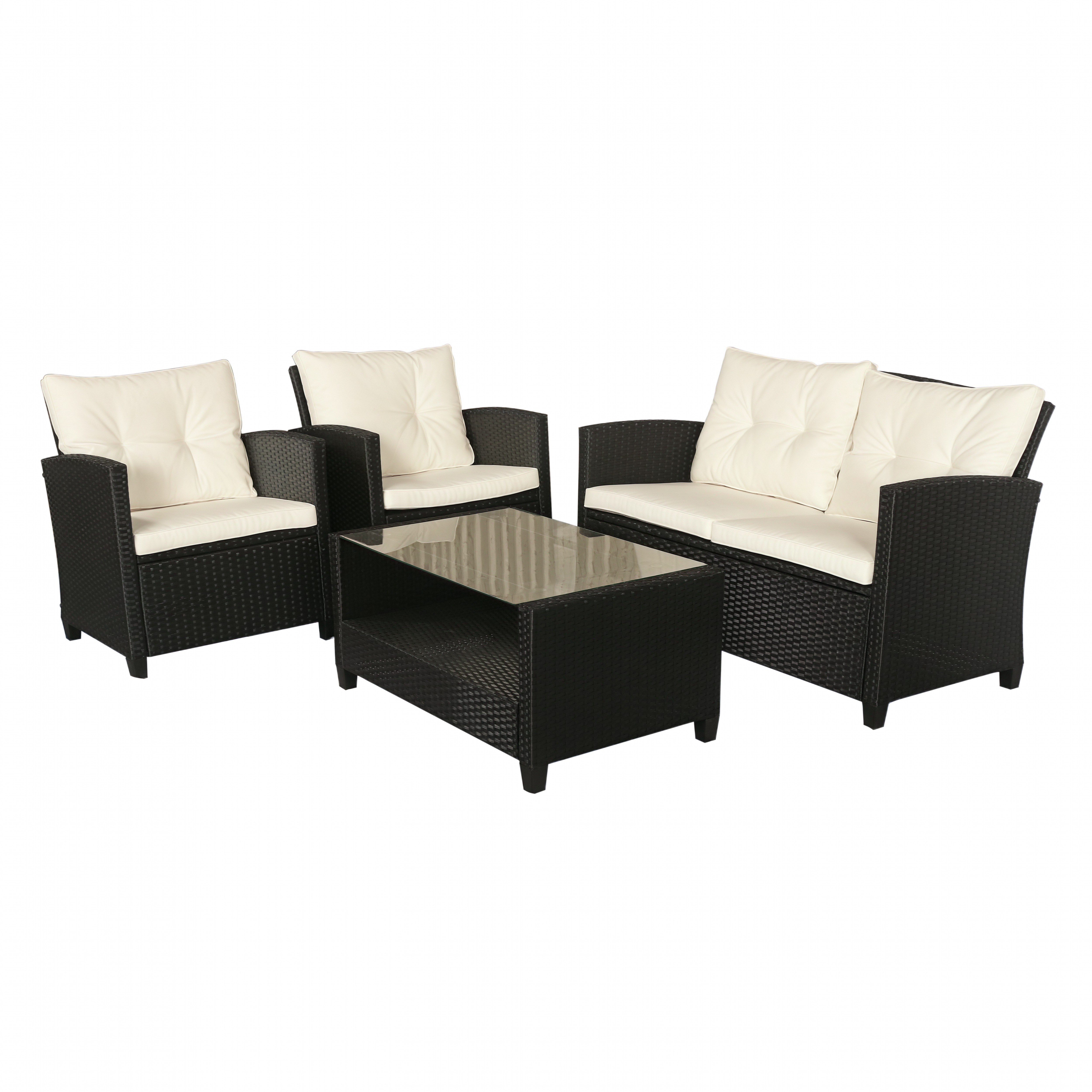 Gartenmöbel-Set, 4-tlg,, 2 Sessel, 1 Sofa, 1 Couchtisch, abnehmbare Polster, PE-Rattan, Schwarz