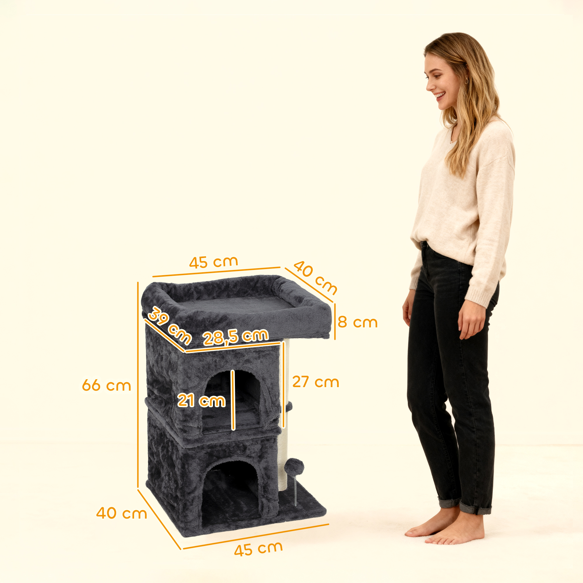 Katzenkratzbaum, Katzenturm, 2 Höhlen, Plattform, Sisalpfosten, kompakt, Dunkelgrau