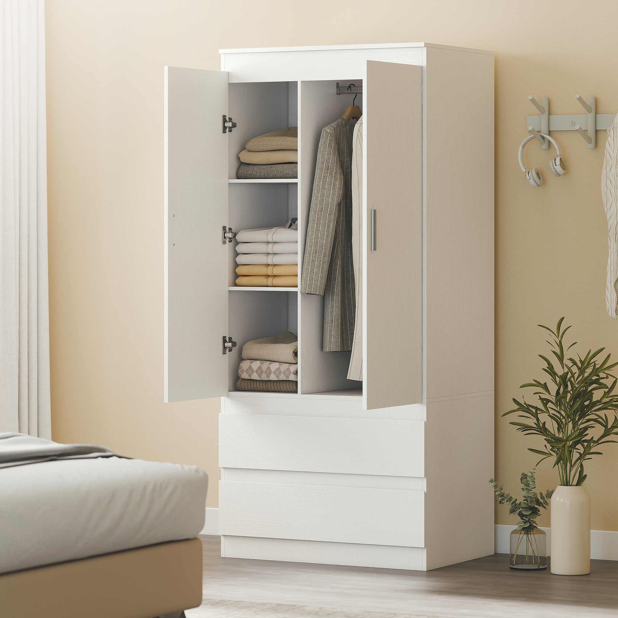 Schlafzimmer-Garderobe mit 2 Türen, 2 Schubladen, 3 Fächer, Holz, Weiß