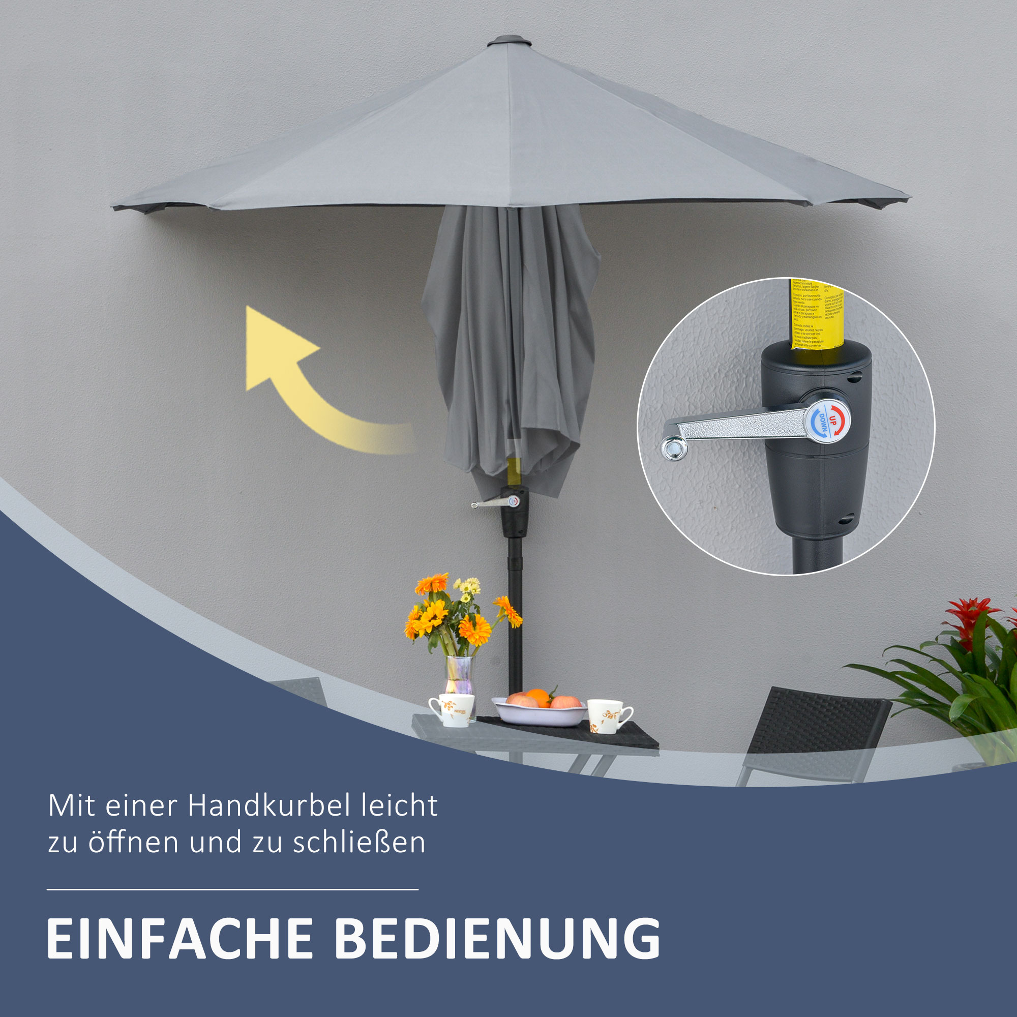 2 x 2 m Sonnenschirm Halbrundschirm Balkonschirm mit Halterung wasserabweisend für Garten Terrassen Höfe 100% Polyester Dunkelgrau