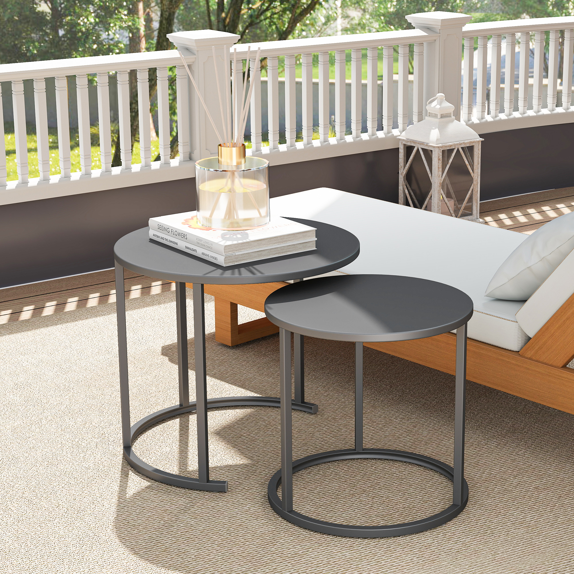 2er Set Beistelltisch Stapelbar Gartentisch Rund wetterfest Balkontisch aus Stahl platzsparend Dunkelgrau