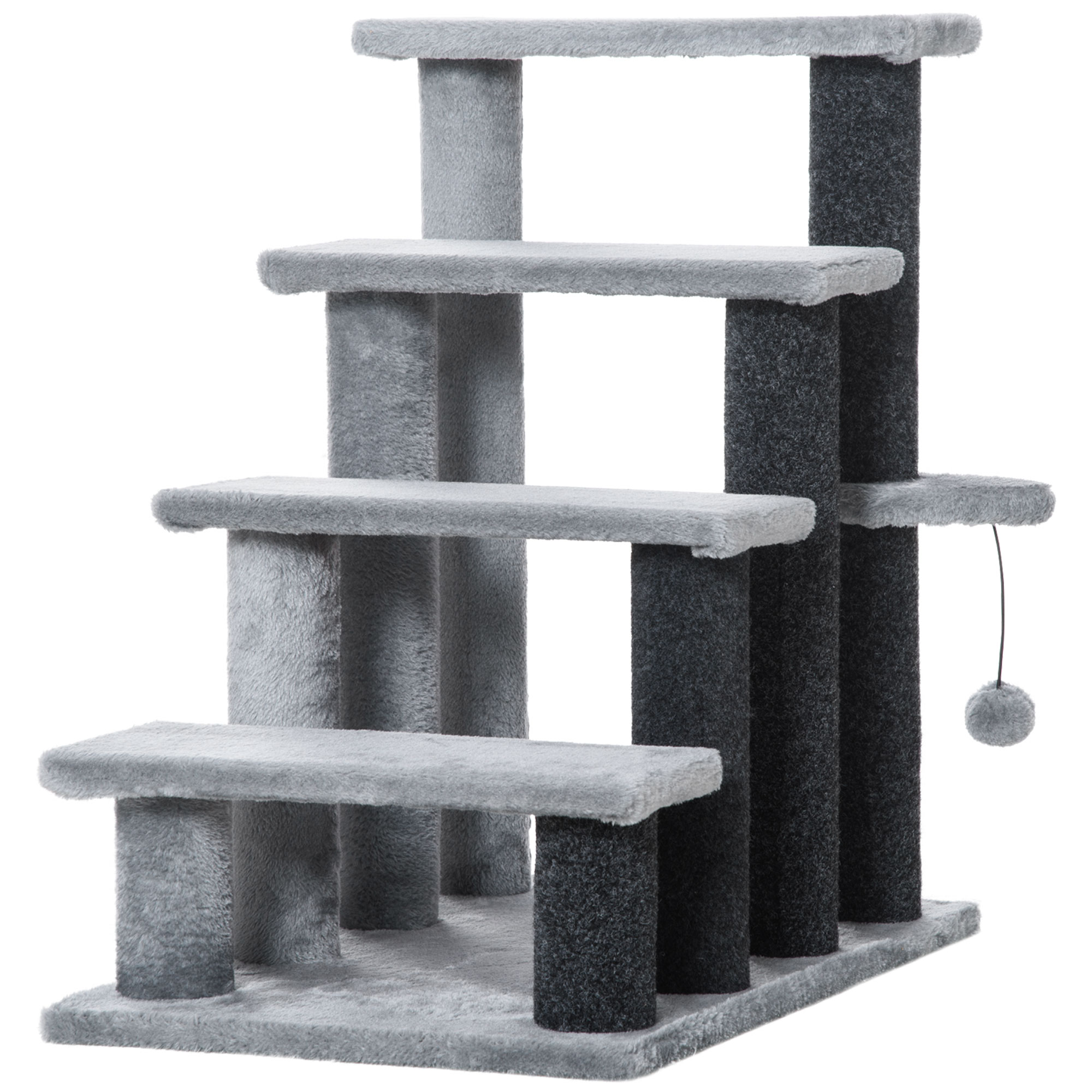 Katzentreppe 4-stufige Haustiertreppe mit Kratzsäulen Ball Hundetreppe Tiertreppe für Katzen bis 5 kg Plüsch Jute Grau 60 x 40 x 64 cm