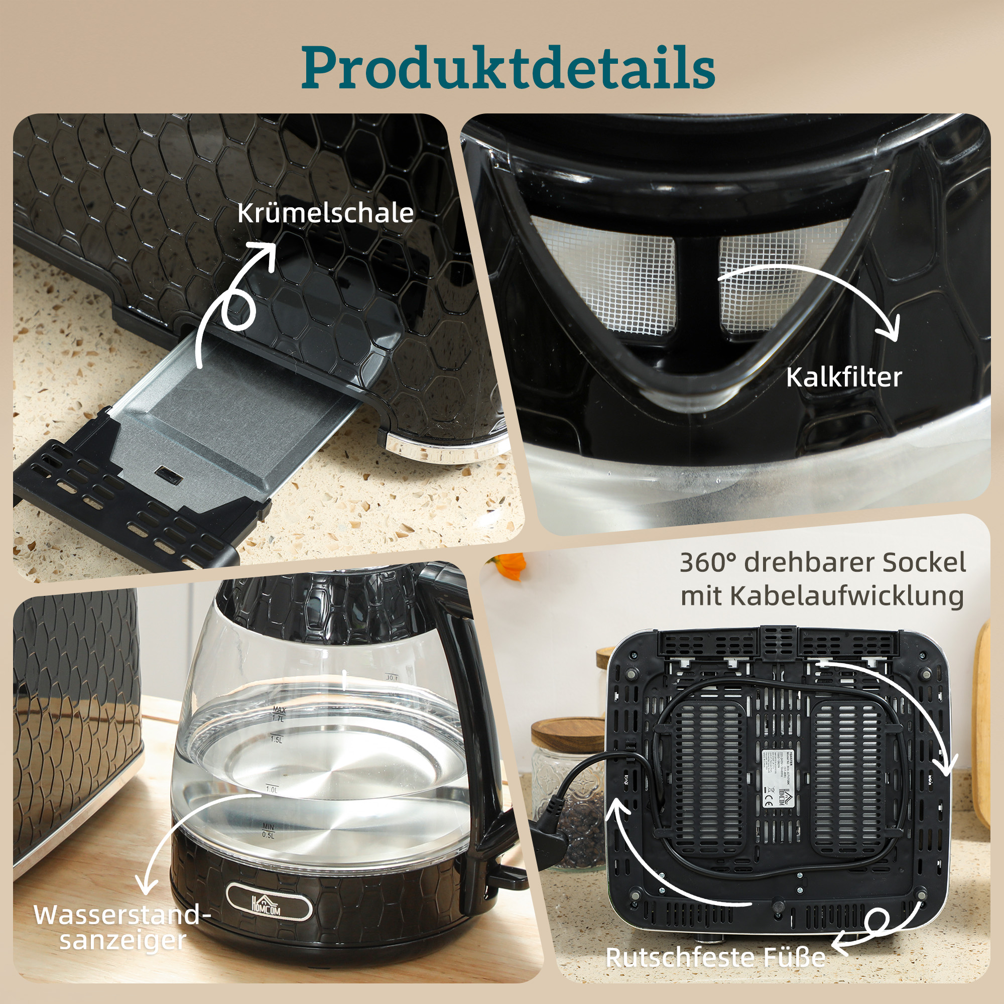 1,7L 2200W Schnellkoch-Wasserkocher und 4-Scheiben-Toaster-Set mit Kalkfilter, Schwarz