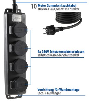 Gartensteckdosenleiste für Außen, 4-fach, IP44, H07RN-F 3G1,5mm², Zuleitung 10m