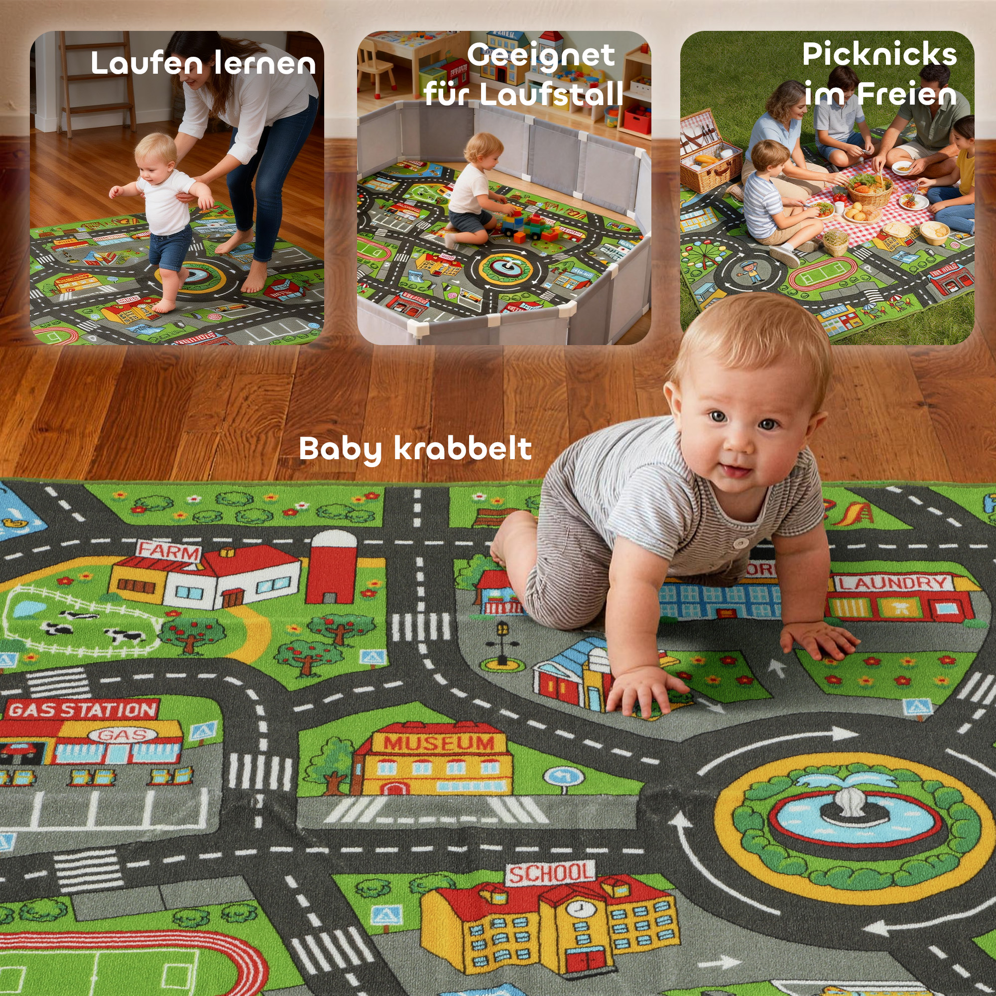 Krabbelmatte Baby, Spielmatte 200x150x0,5cm, Rutschfest Krabbeldecke mit Rutschfester Unterseite Stadtmotiv für Kinderzimmer
