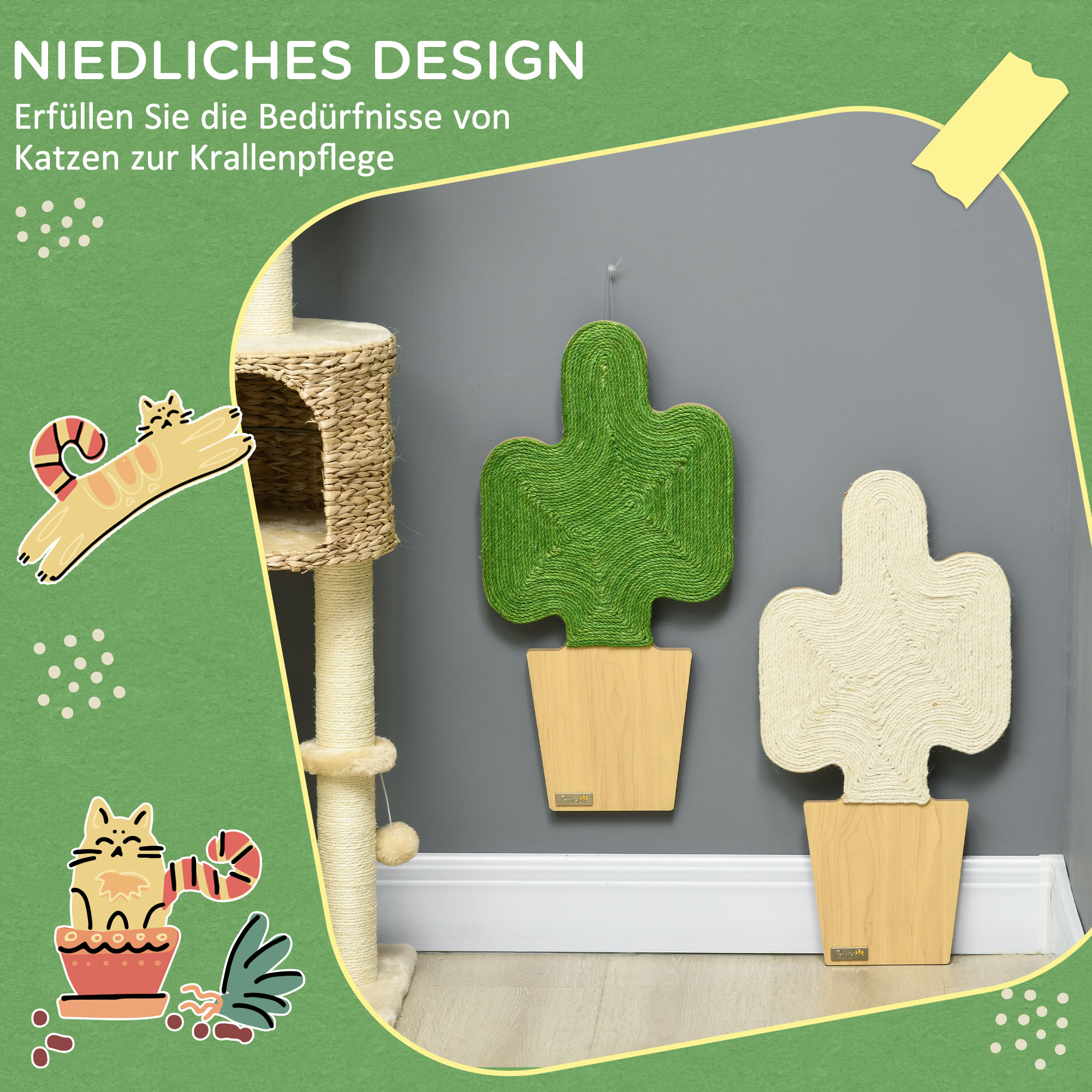2er-Set Kratzbäume Kratzstämme, Kakteen-Design zur Befestigung an der Wand, 30 cm x 60 cm, Eiche+Weiß+Grün