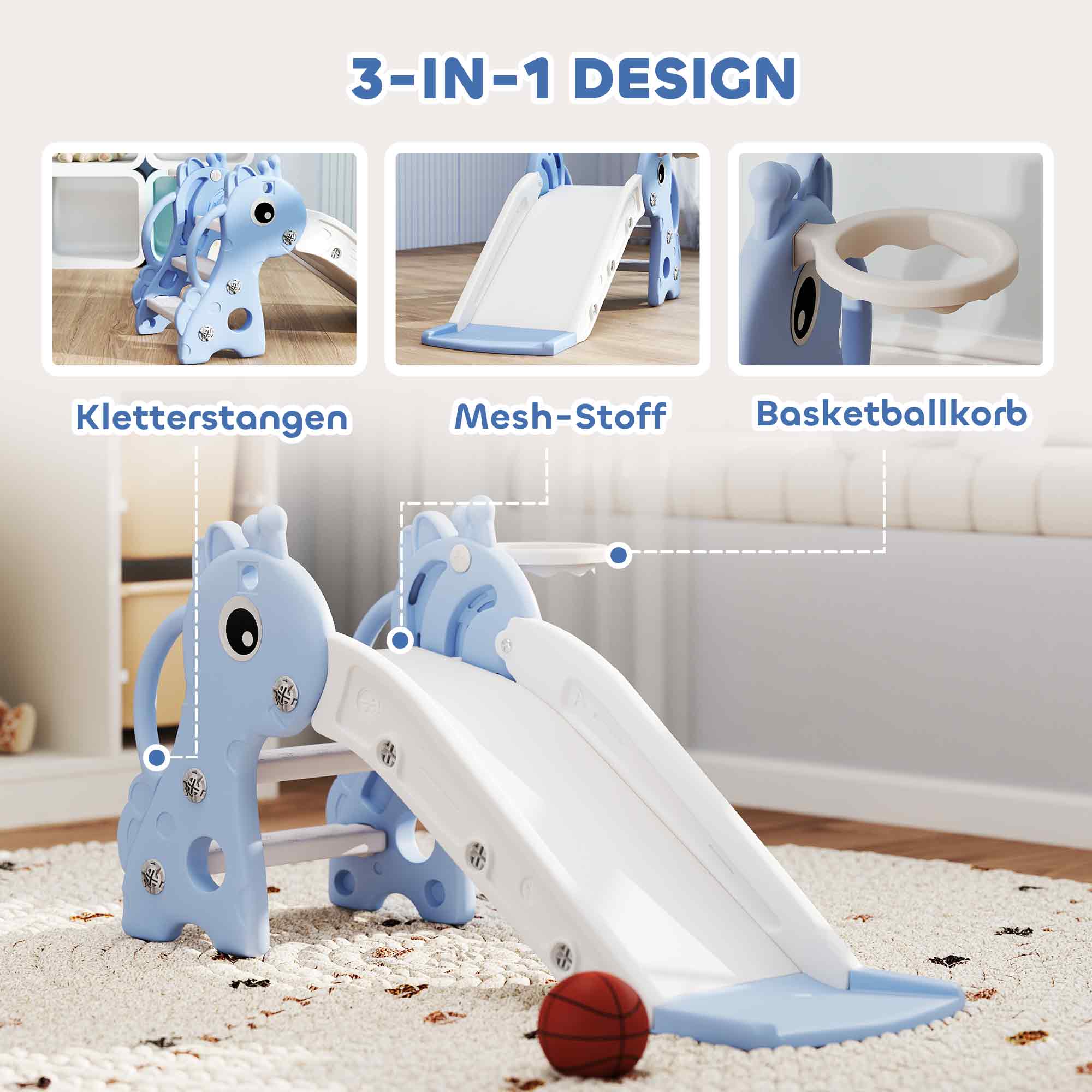 3-in-1 Rutsche für Kinder, Giraffenform, Basketballkorb, Ball, Blau