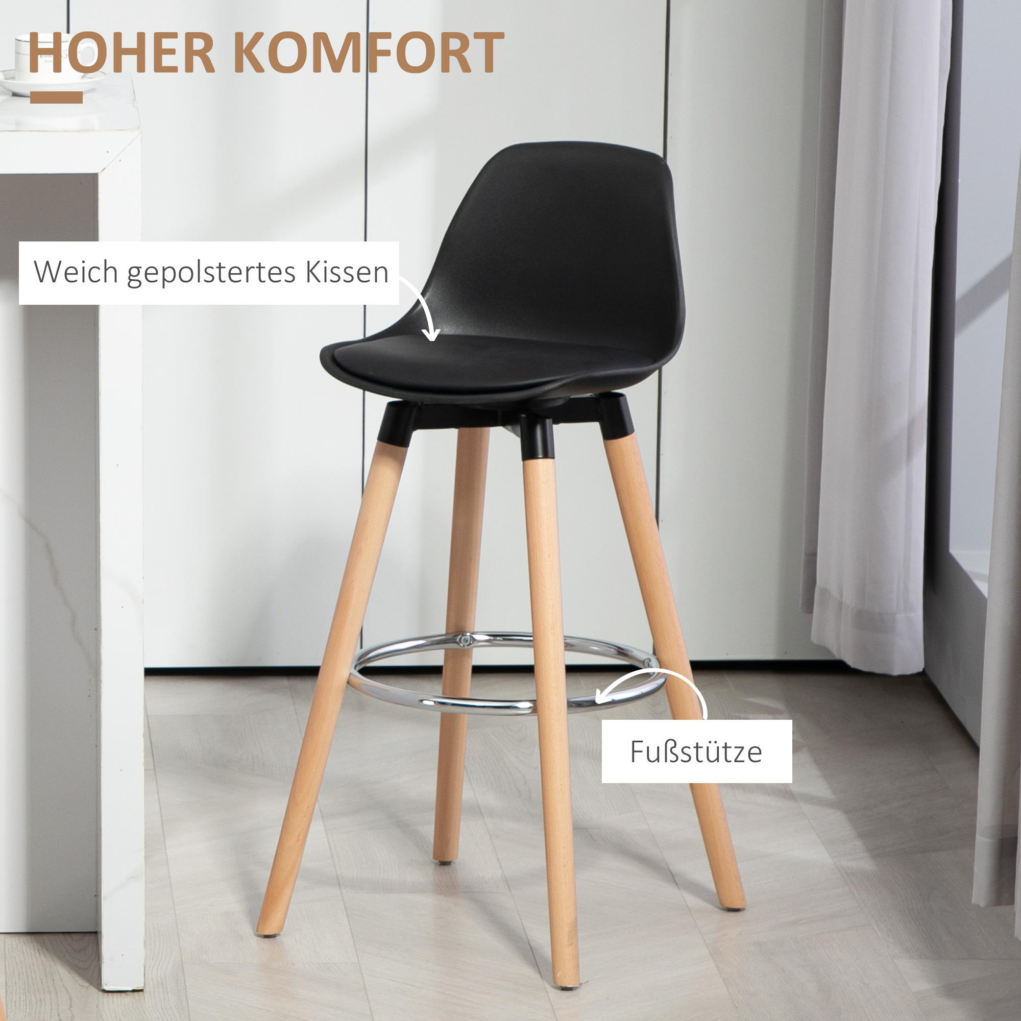 2er-Set Barhocker Barstühle Skandi-Design, Fußtstütze, 43 cm x 43 cm x 91 cm, Natur + Schwarz