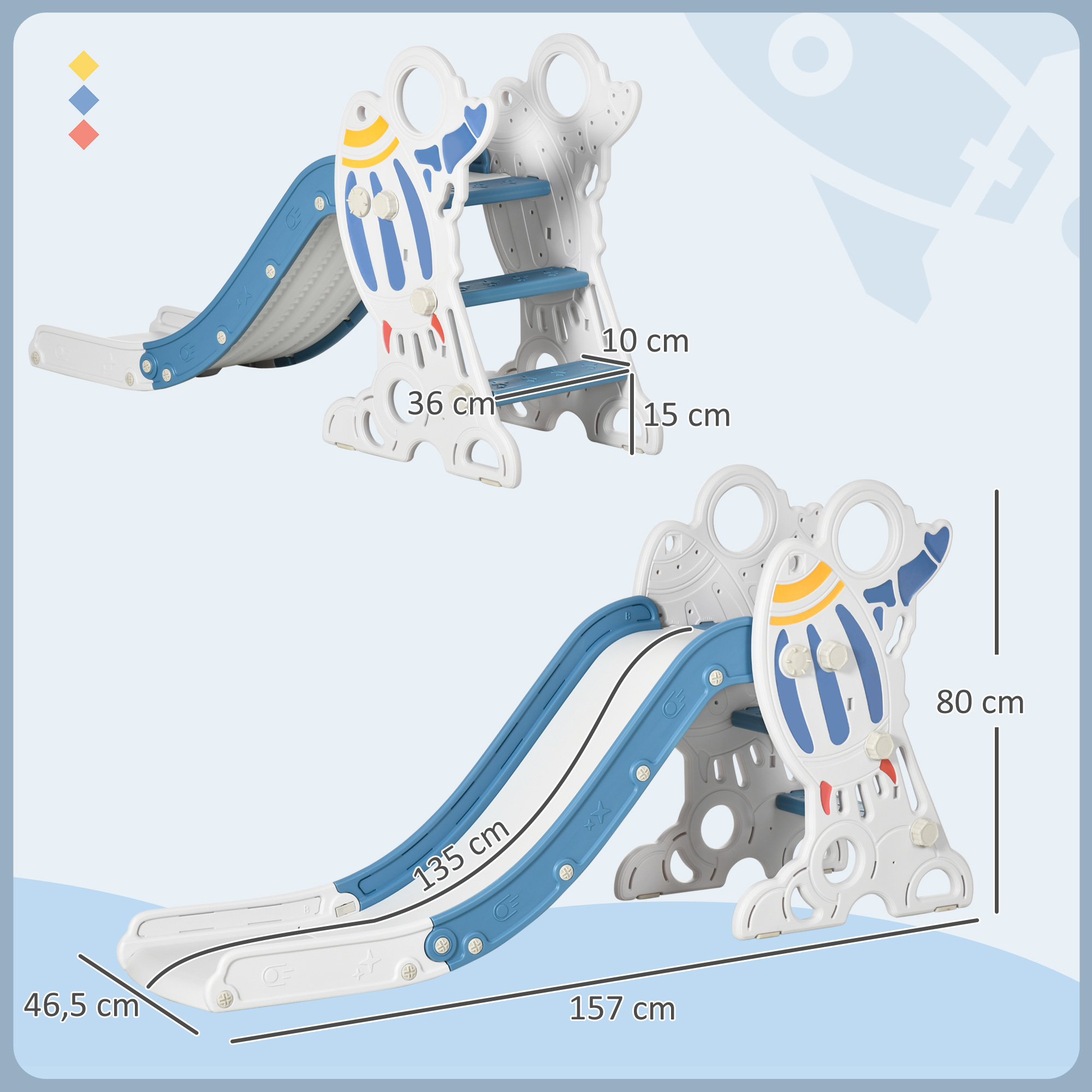 Rutsche für Kinder 1,5 bis 3 Jahre, Raketen-Design, Sticker-Set, blau, 157 x 46,5 x 80 cm