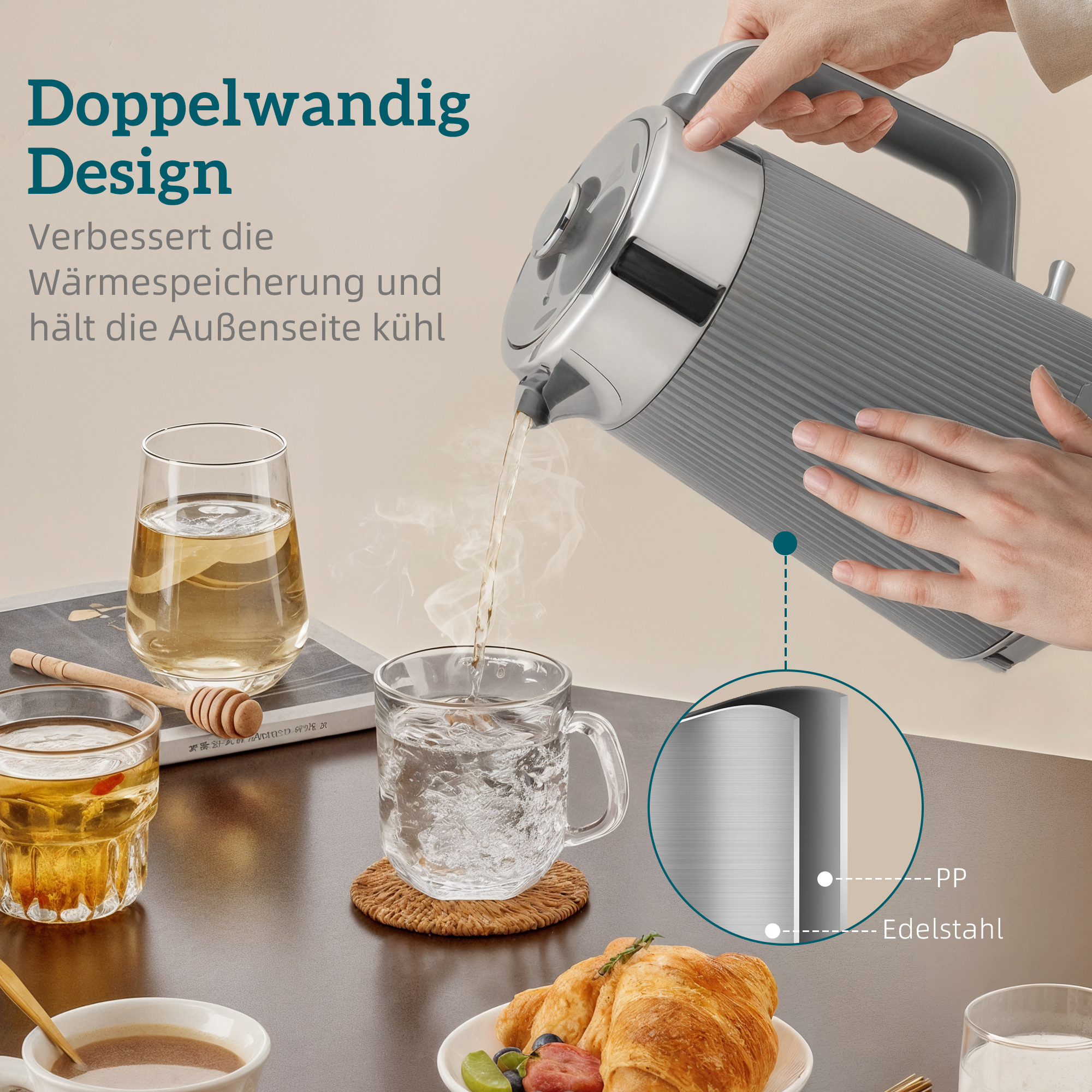 2200W, 1,7L Wasserkocher mit Schnellkochfunktion, Kalkfilter und 4-Scheiben-Toaster mit 7 Bräunungsstufen, Grau