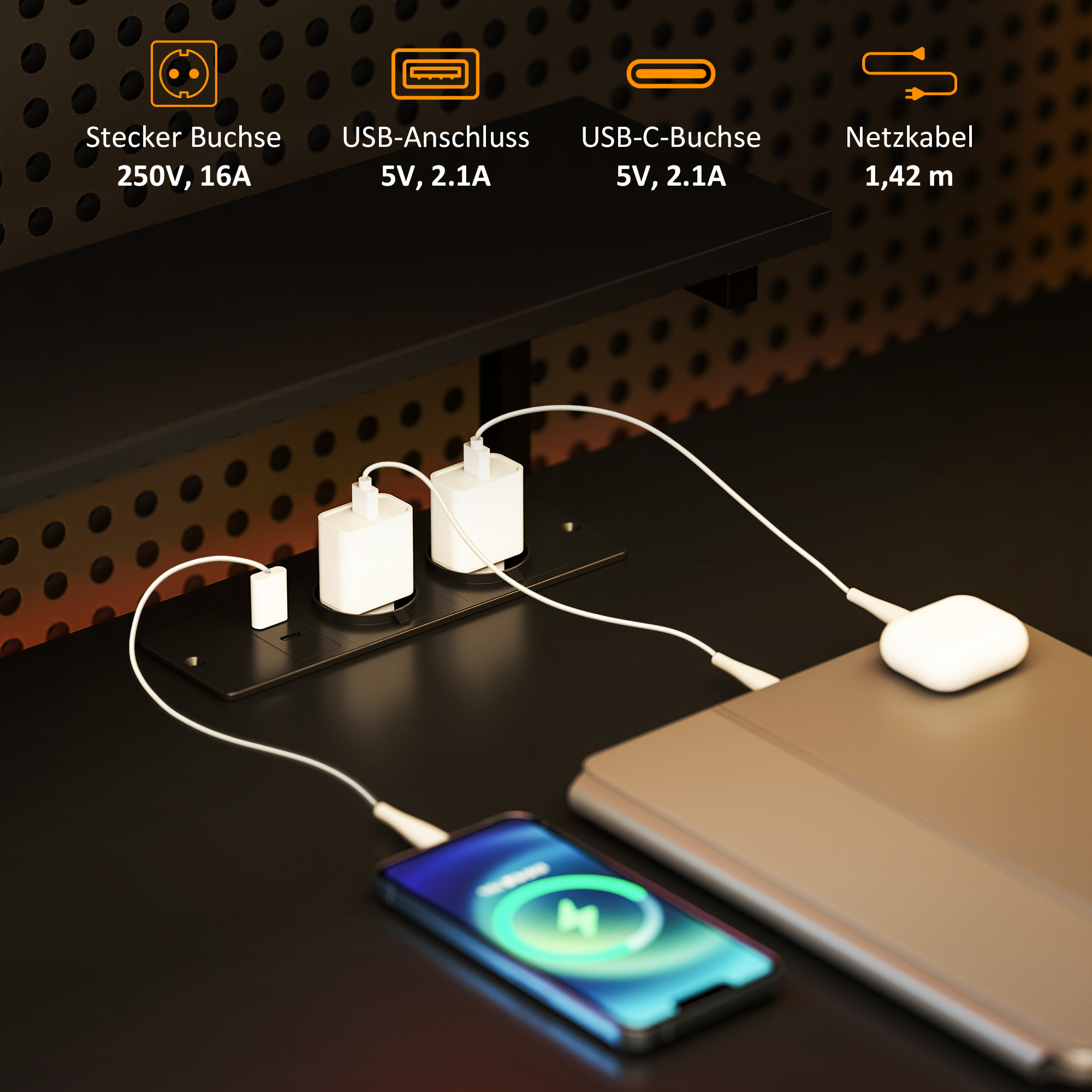 L-förmiger Schreibtisch mit Ladestation, Eck-Computertisch mit Monitorständer und Regalen, für Homeoffice, Büro, Schwarz