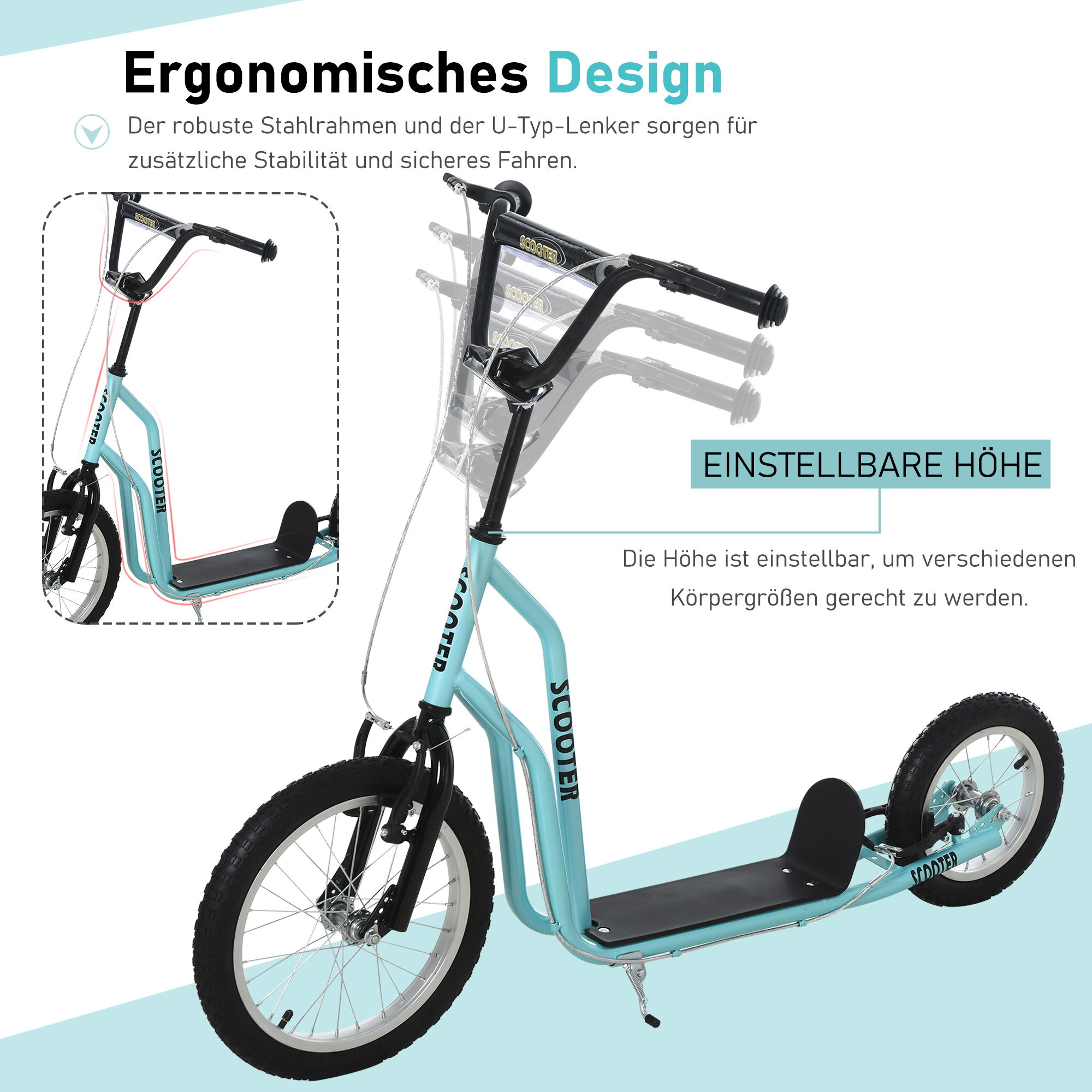 Kinderroller ab 5 jahre Scooter Tretroller Cityroller Kinder Roller Kickboard mit Luftreifen16/12 Zoll Blau 135 x 58 x 88-94 cm