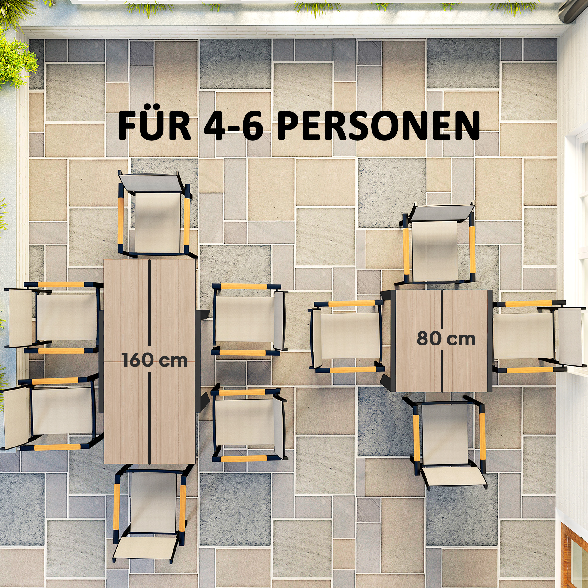 Gartentisch Ausziehbarer Aluminium 80/160x80 cm Wetterfest Balkontisch für 6 Personen Naturholz