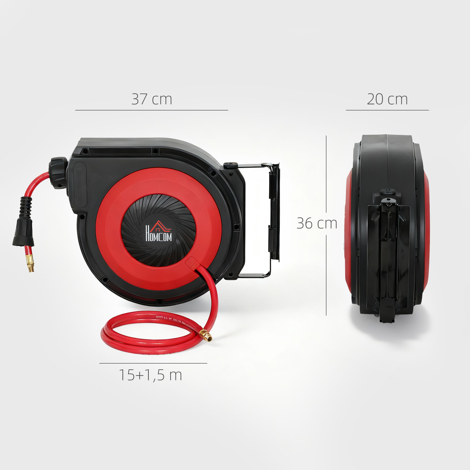 Schlauchtrommel mit Einzugs-Mechanismus, 16,5 m langer Schlauch, Wandmontage, Rot+Schwarz